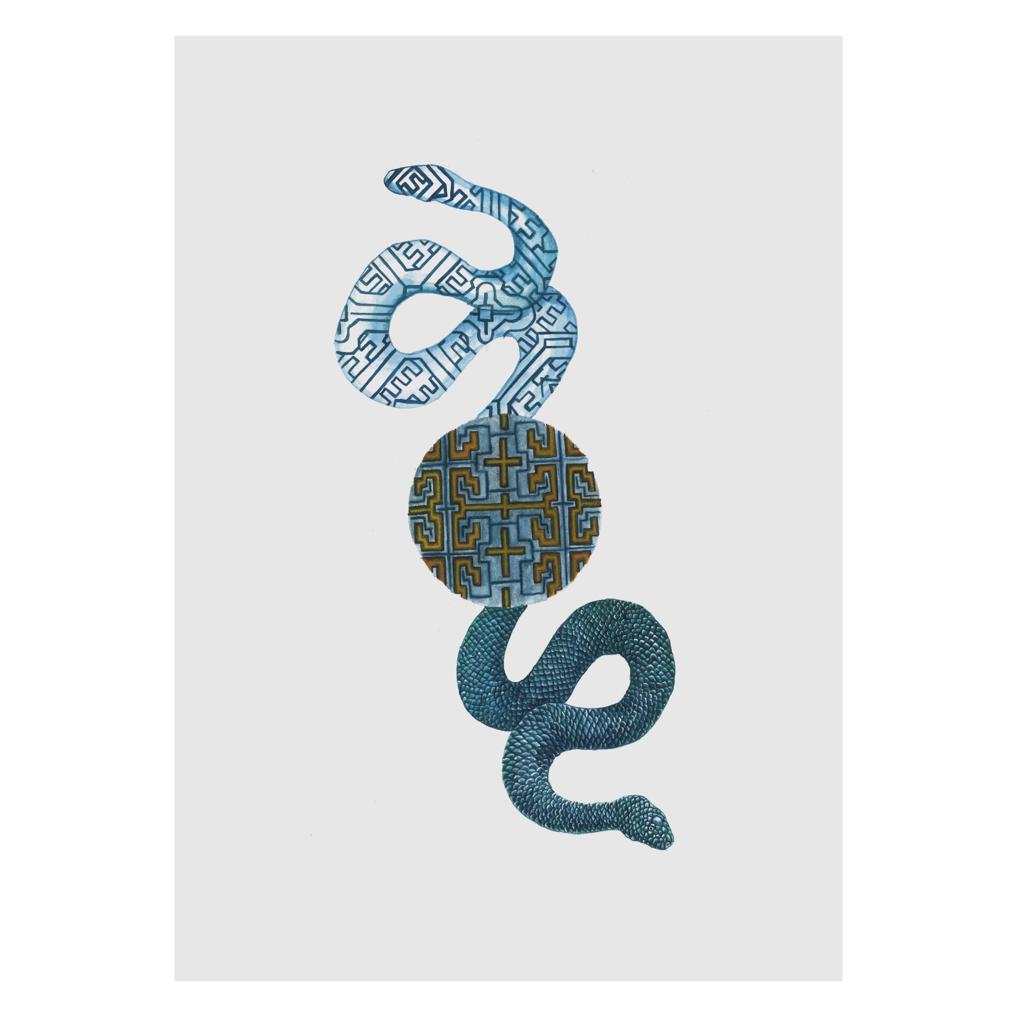 Decorative snake design with geometric patterns on a white background