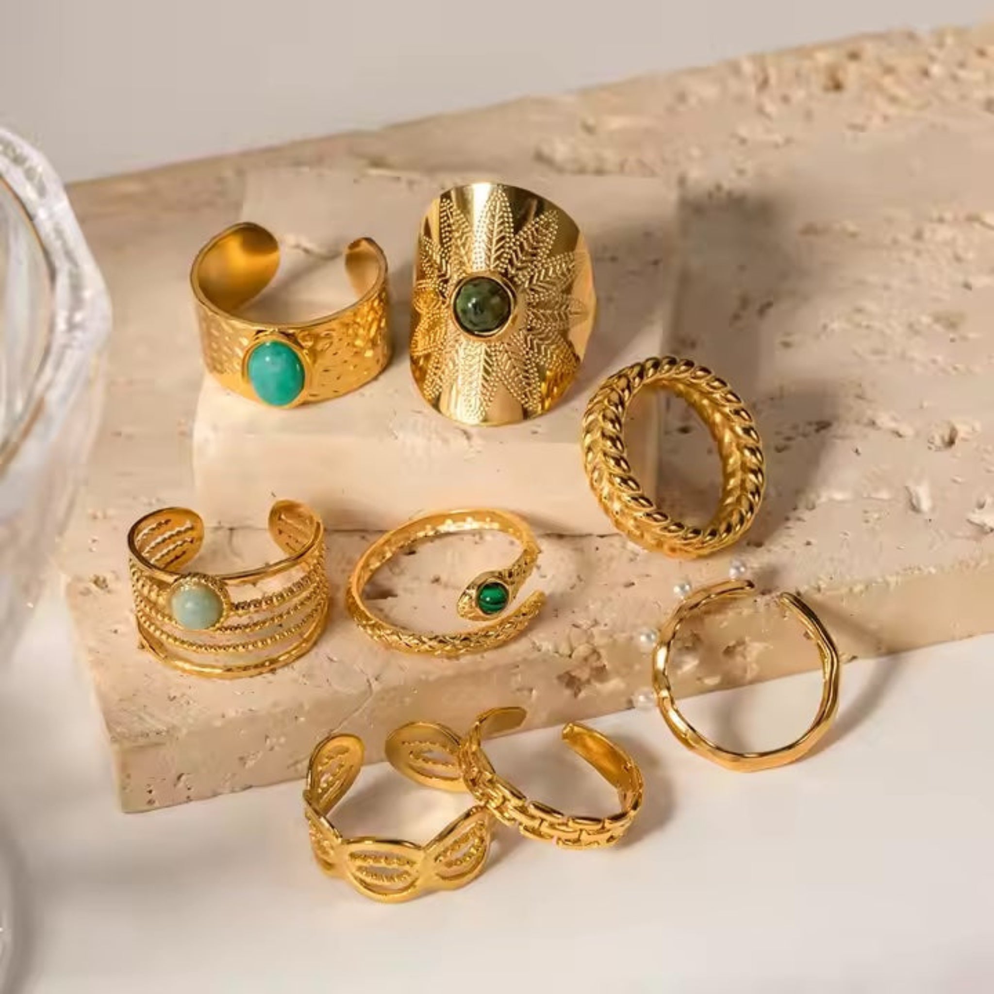 Assorted rings on nude surface