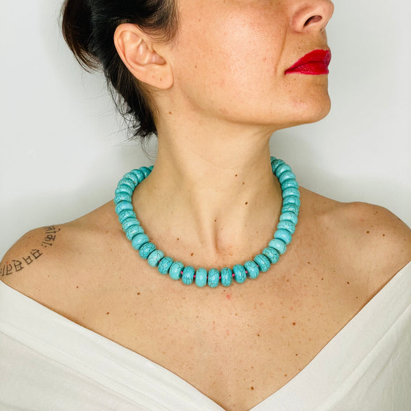 Rondela Beaded Turquoise Statement Necklace on model