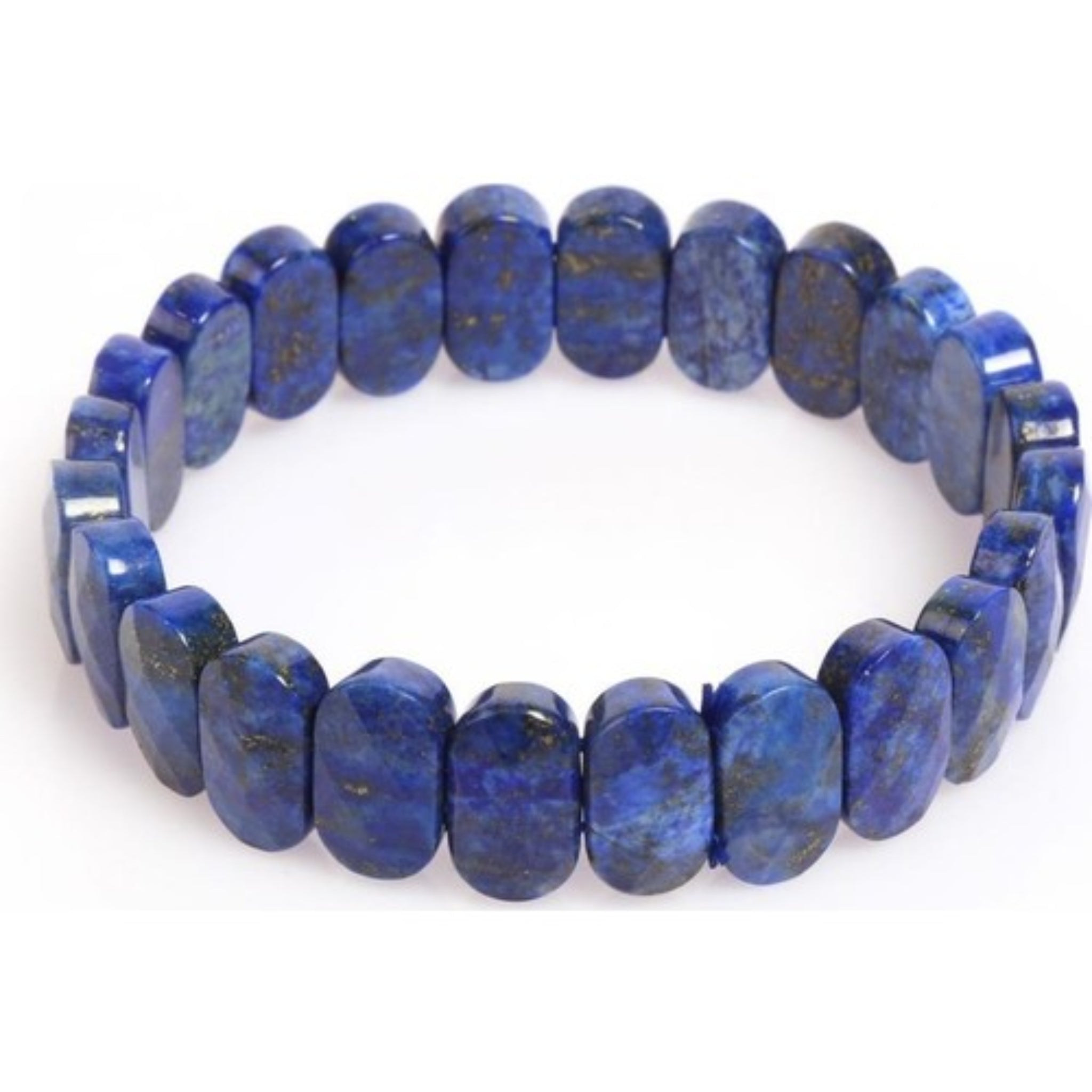 A chunky Lapis Lazuli bracelet featuring large, irregularly shaped stones with a deep blue color and a metallic sheen.