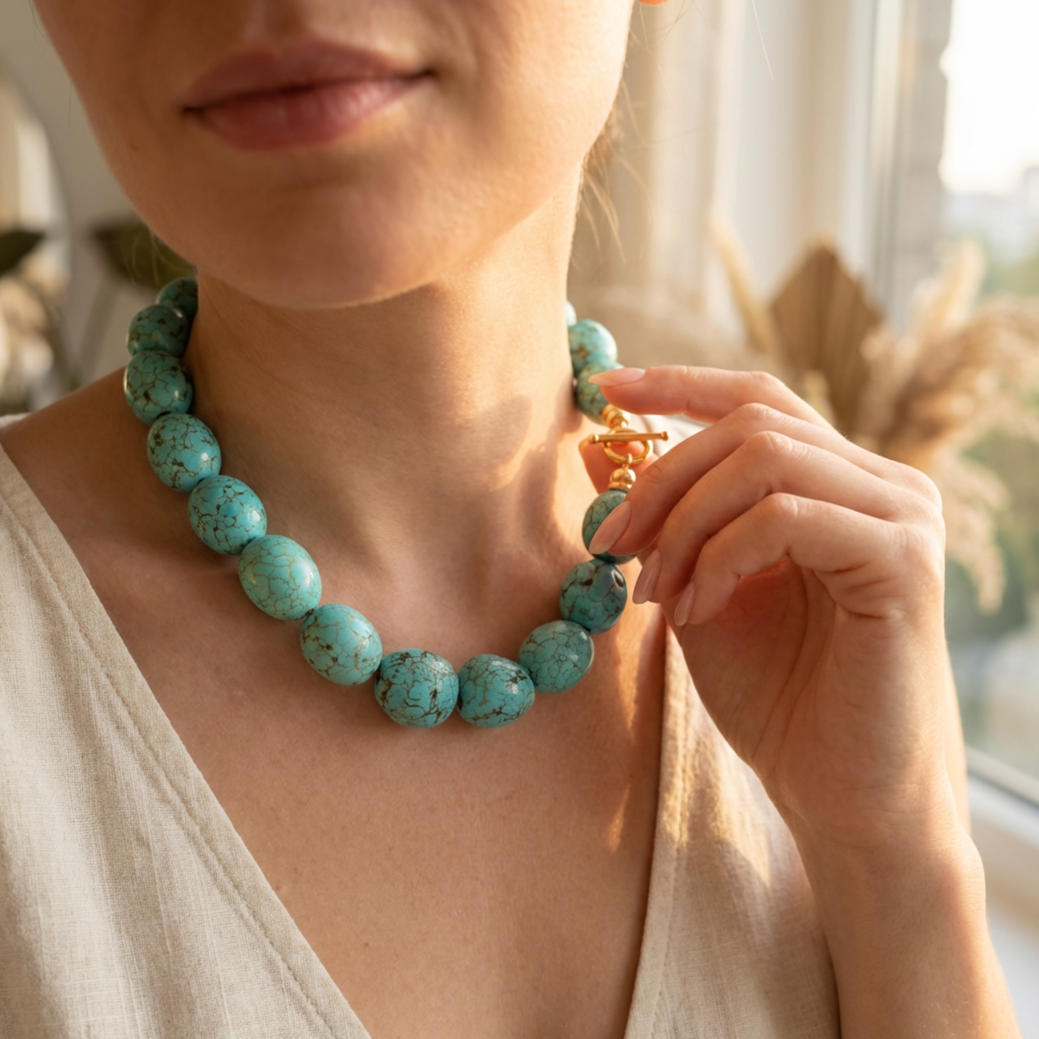 Person wearing a turquoise beaded necklace with a blurred background
