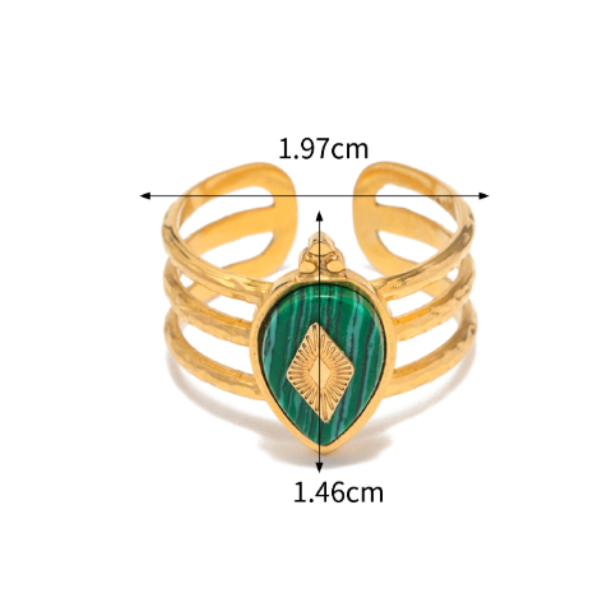 Malachite ring on white surface with measurements