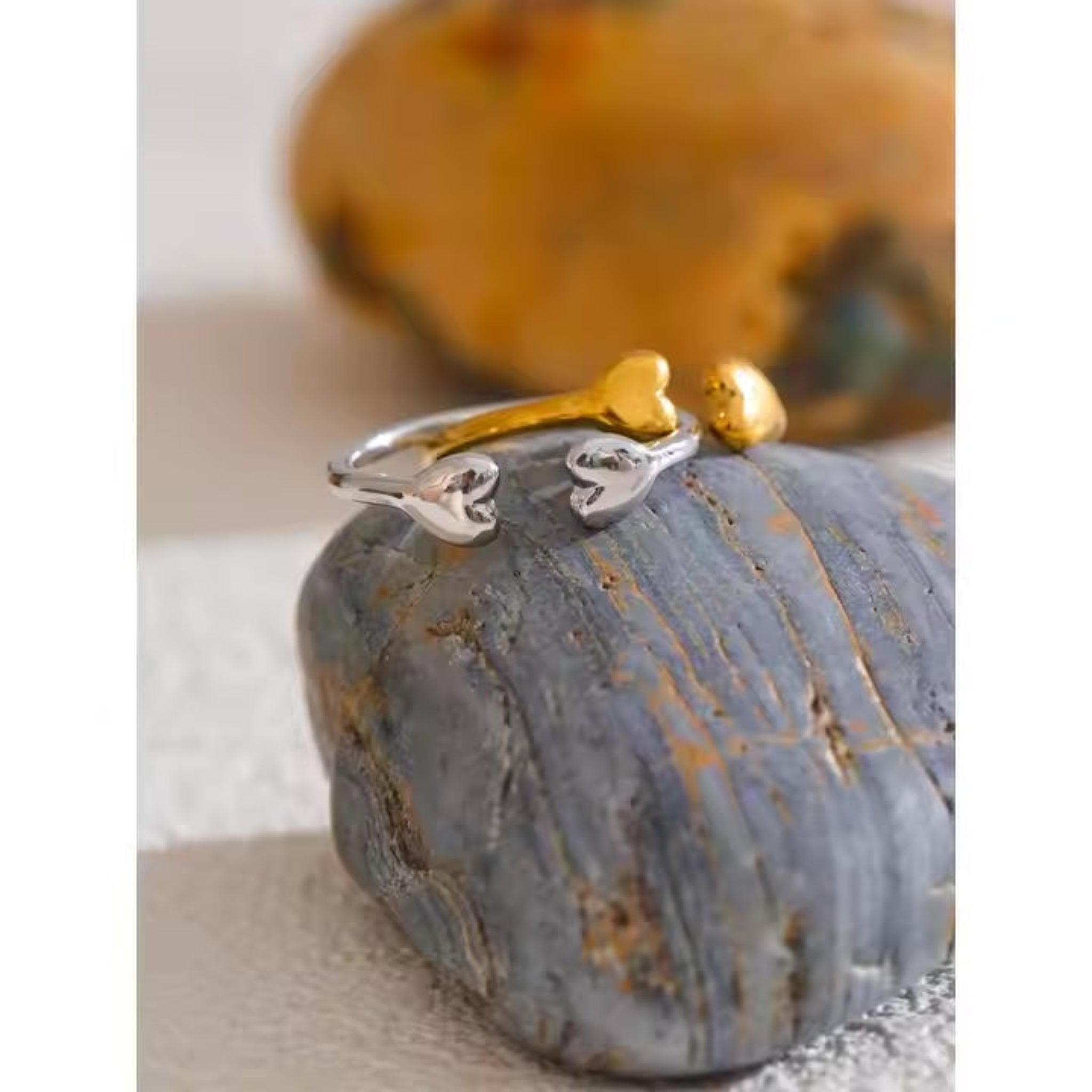 Silver ring with gold accents on a textured stone surface.