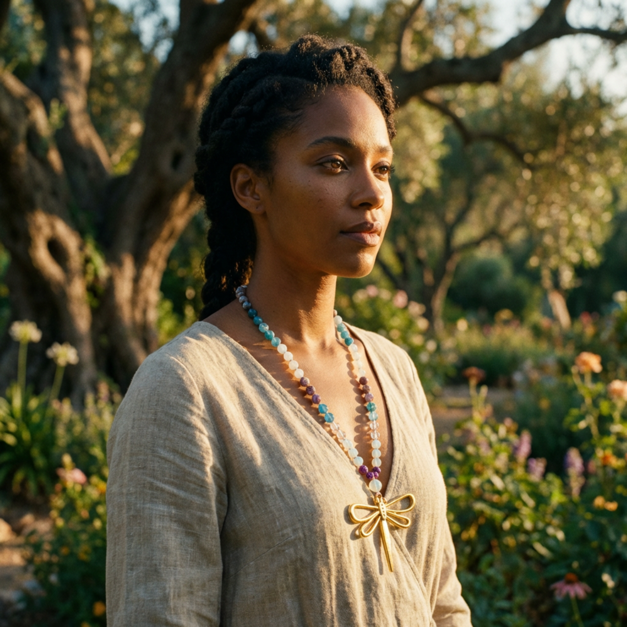 Woman standing in a garden with trees and flowers in the background
