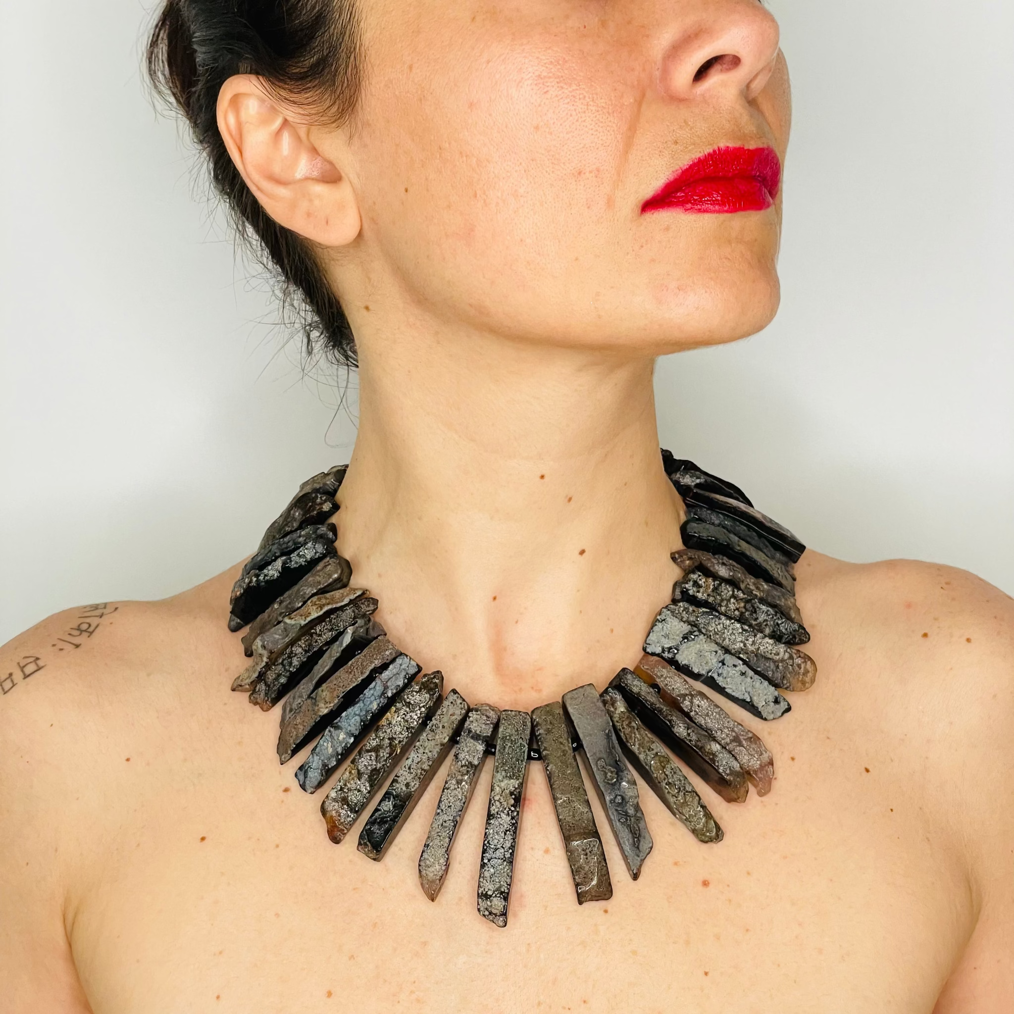 Chunky Earth Agate Necklace on model