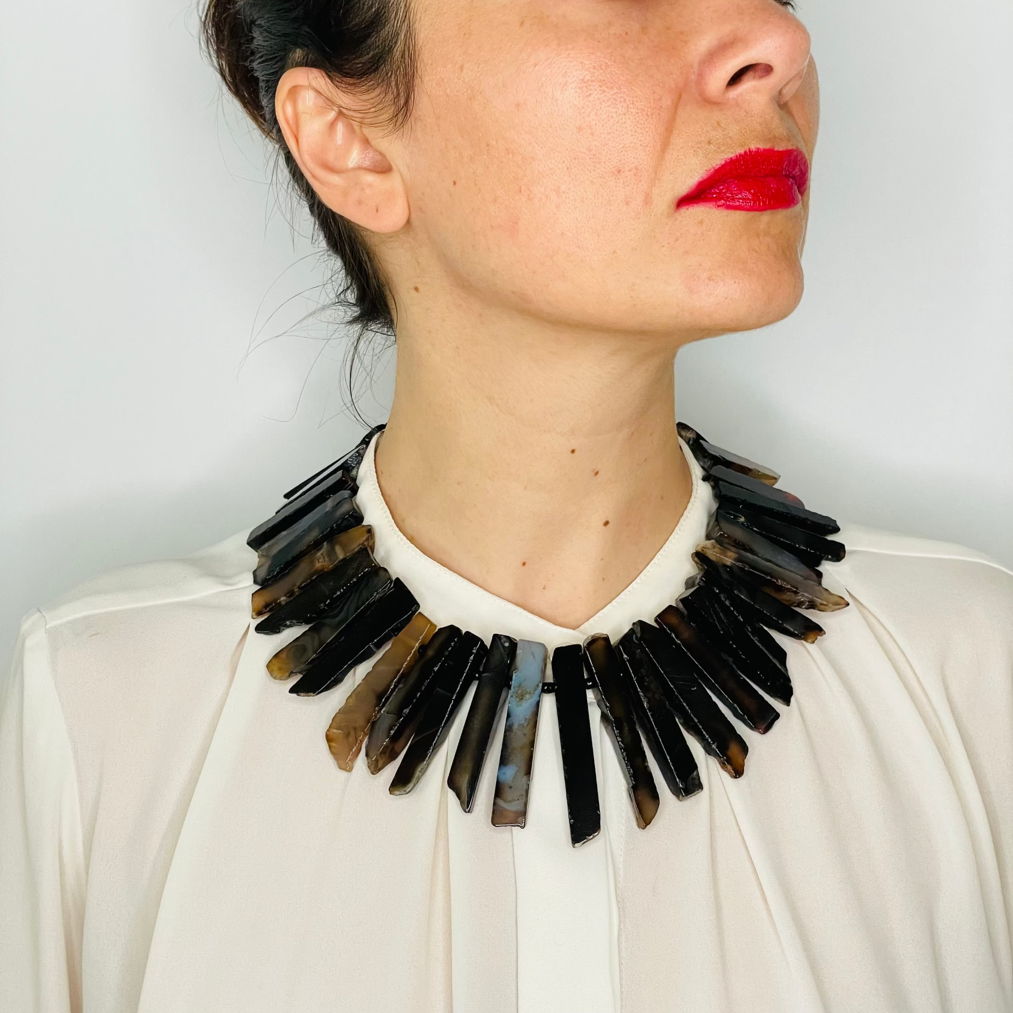 Earth Agate Statement Necklace on white shirt model