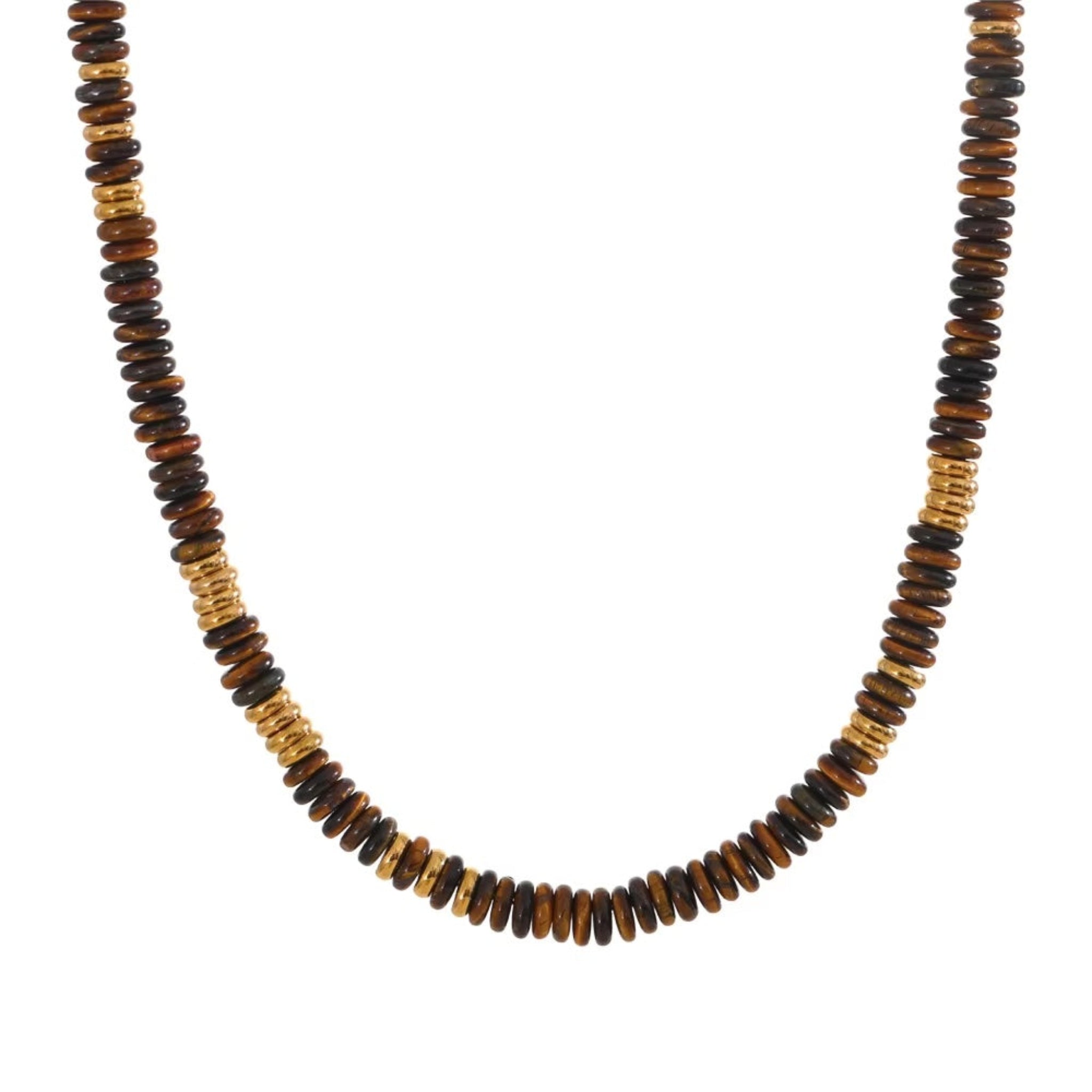 Necklace with brown and black beaded design on a white background