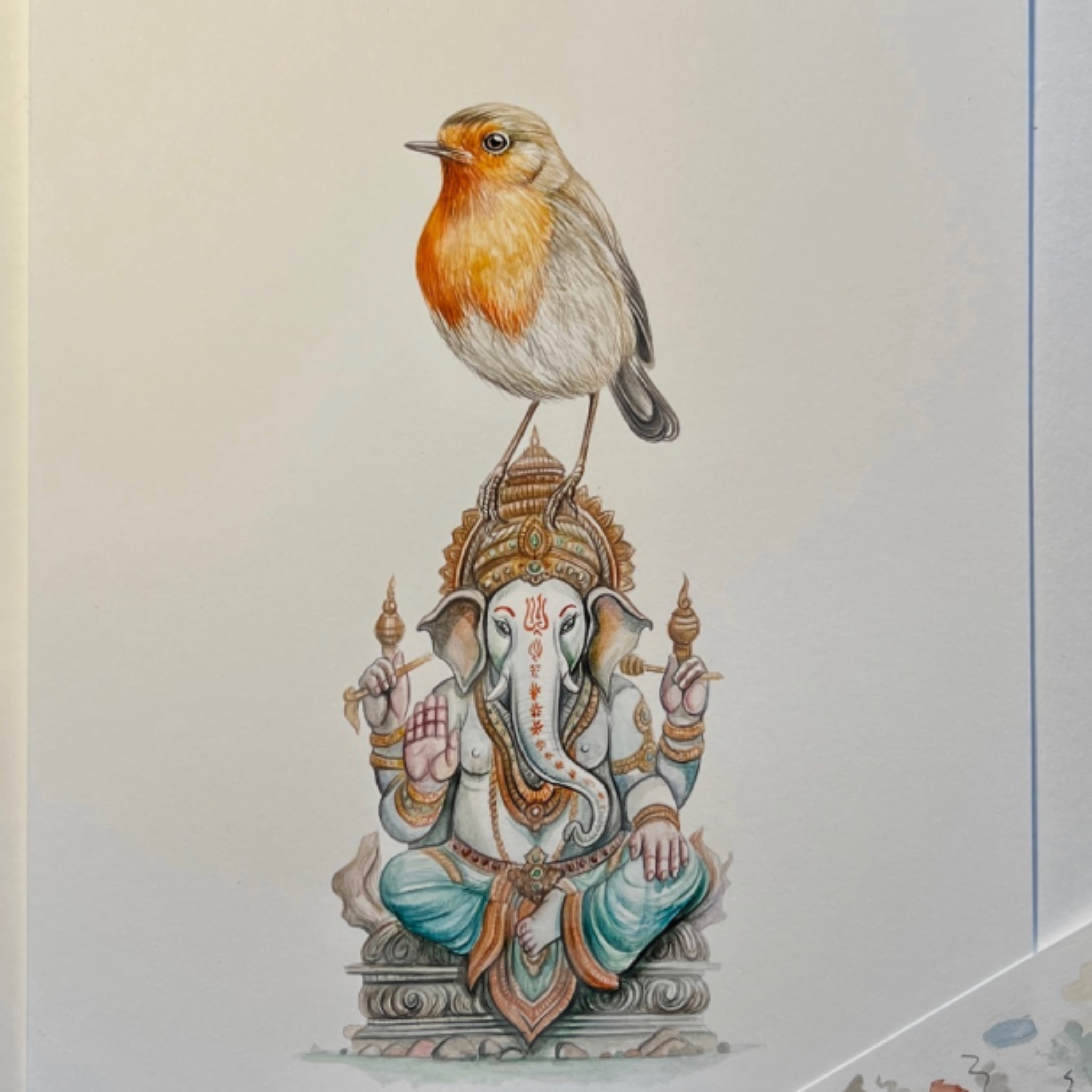 Illustration of a bird perched on a deity figure with a white background