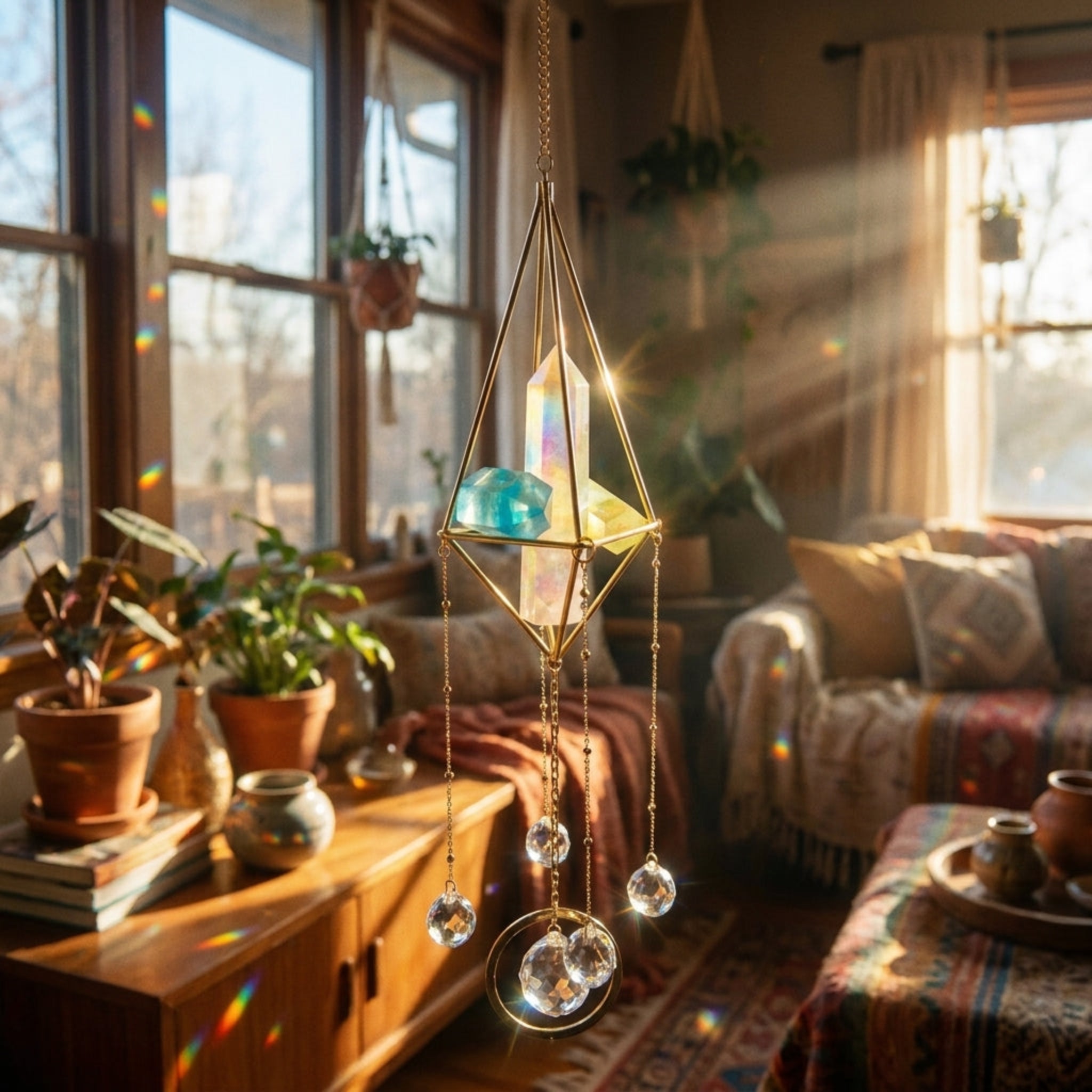 A gold geometric crystal chandelier with hanging glass spheres and colorful acrylic panels, suspended in a sunlit boho living room with warm light rays streaming through the windows.