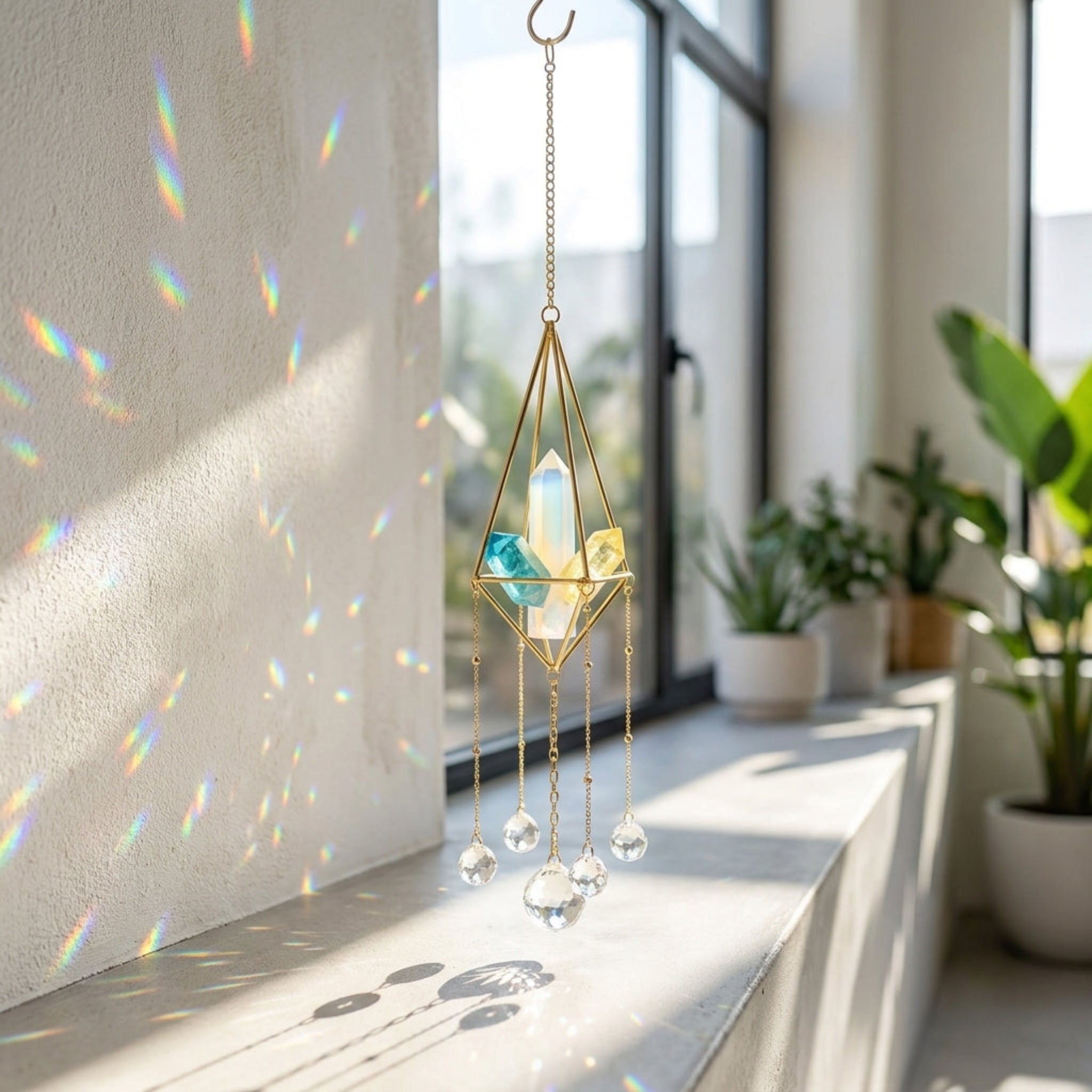 A gold geometric crystal sun catcher hangs from a window, casting rainbow light reflections on a sunlit wall and windowsill. The hanging ornament features clear and colored crystals inside a gold wireframe structure with dangling teardrop prisms.