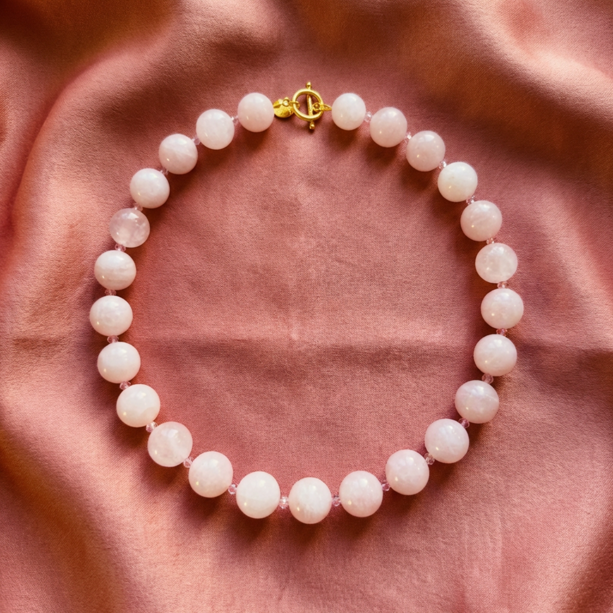 Rose Quartz necklace on a pink fabric background