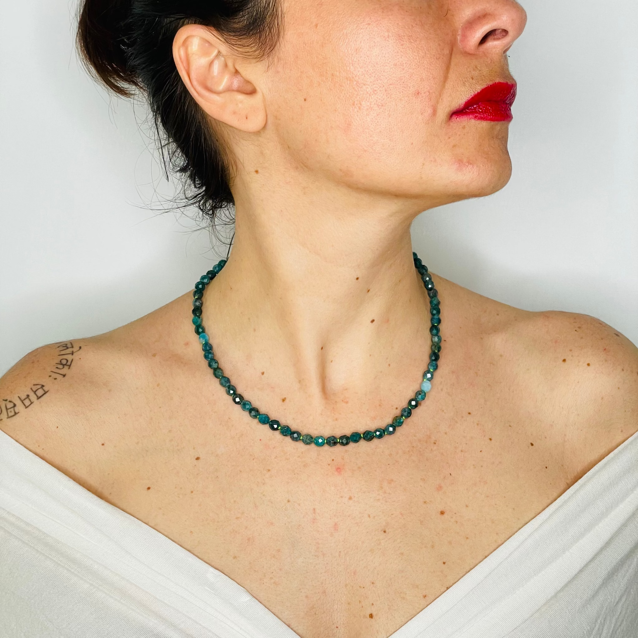 Beaded apatite necklace on model