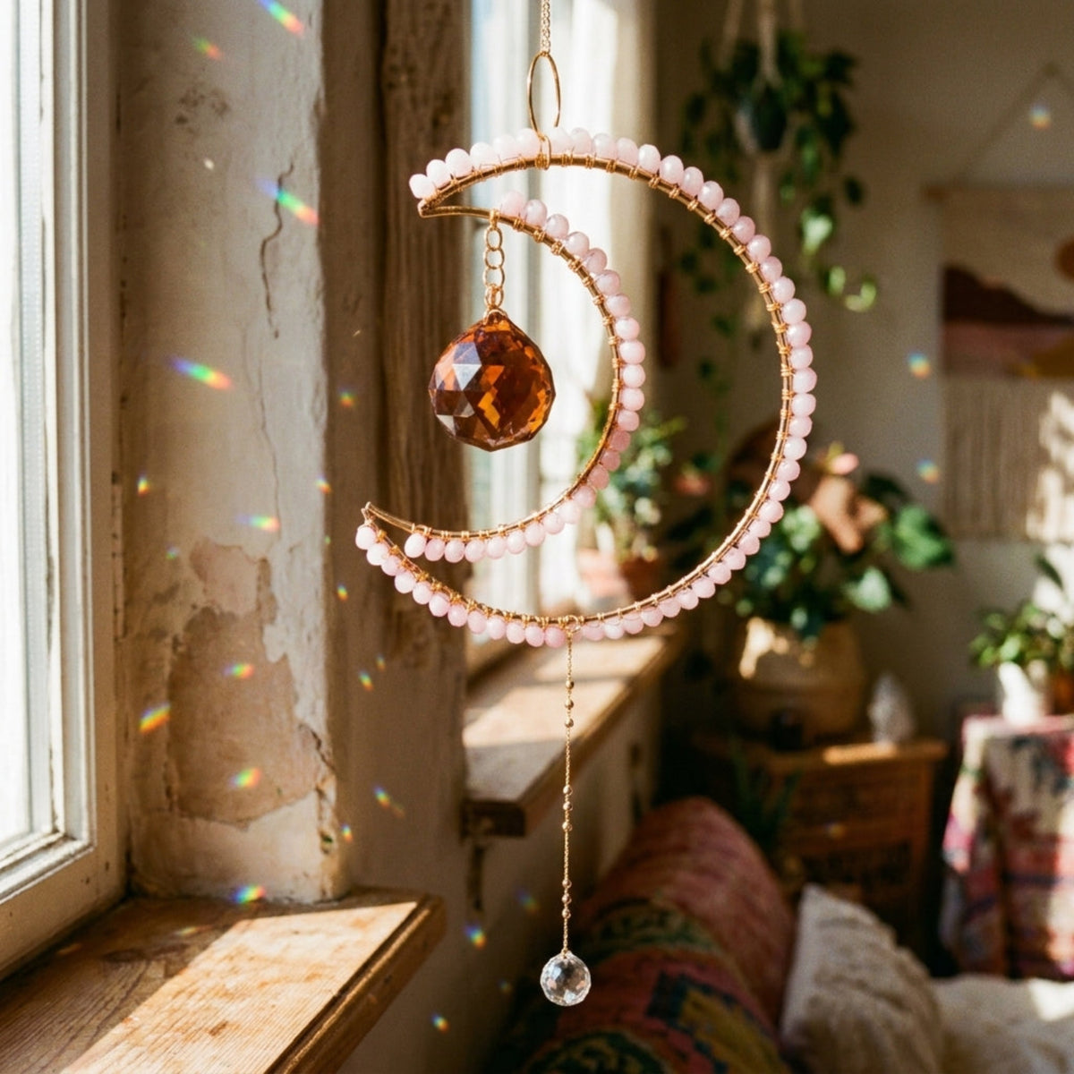 A crescent moon suncatcher hanging near window and creating rainbows on the wall.