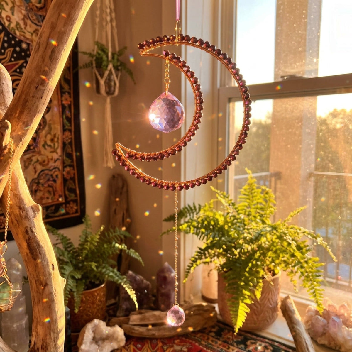 A crescent moon-shaped gold-toned beaded wall hanging ornament with two faceted light purple crystal drops, hanging near window creating rainbows with background a plant.
