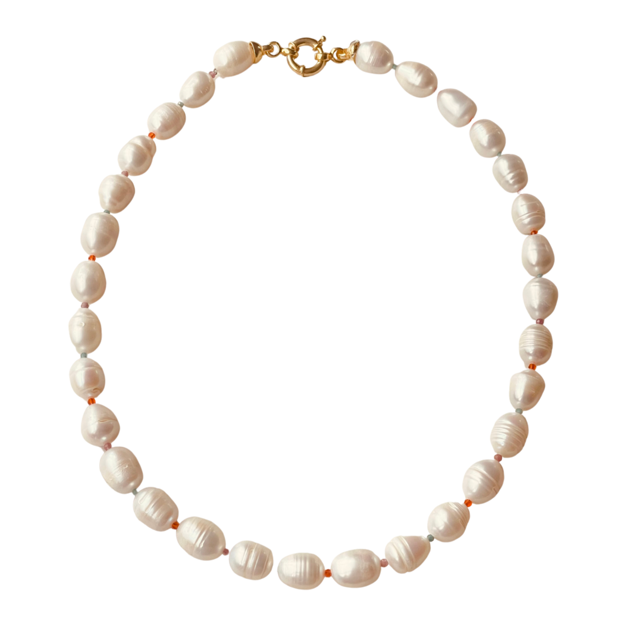 A Midi Pearl Statement Necklace with midi-sized white pearls and small crystals in pink, blue, and orange, closed with a gold-plated lobster clasp.