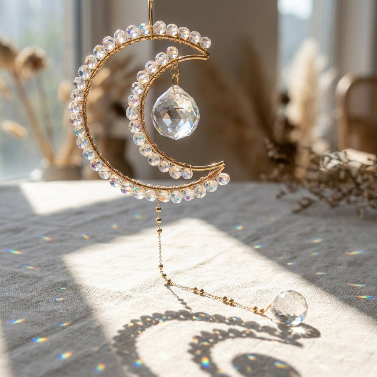 A gold crescent moon suncatcher ornament adorned with clear rhinestones and a faceted clear crystal, hanging on a table with sunlight casting rainbow reflections and shadows.