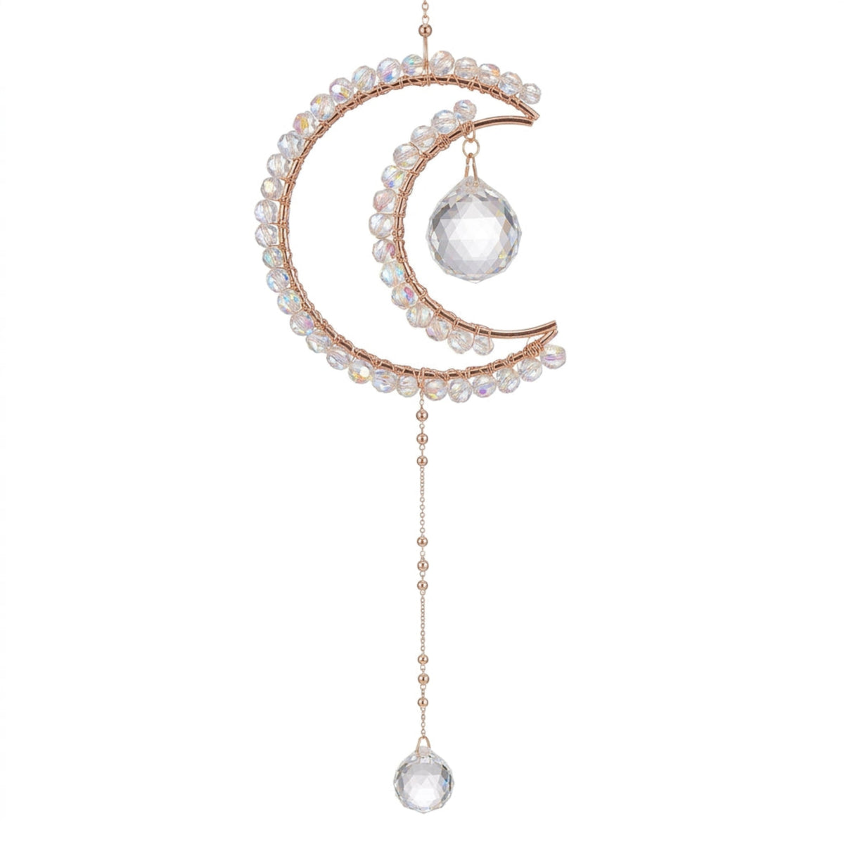 Rose gold crescent moon suncatcher ornament with iridescent white faux pearls and clear faceted hanging crystals on a white background.
