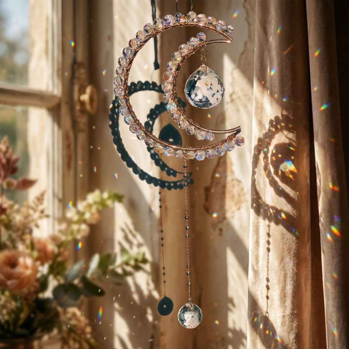 A decorative crescent moon suncatcher with clear rhinestones and hanging crystal balls, displayed in front of a window with sunlight casting rainbow reflections on sheer curtains.