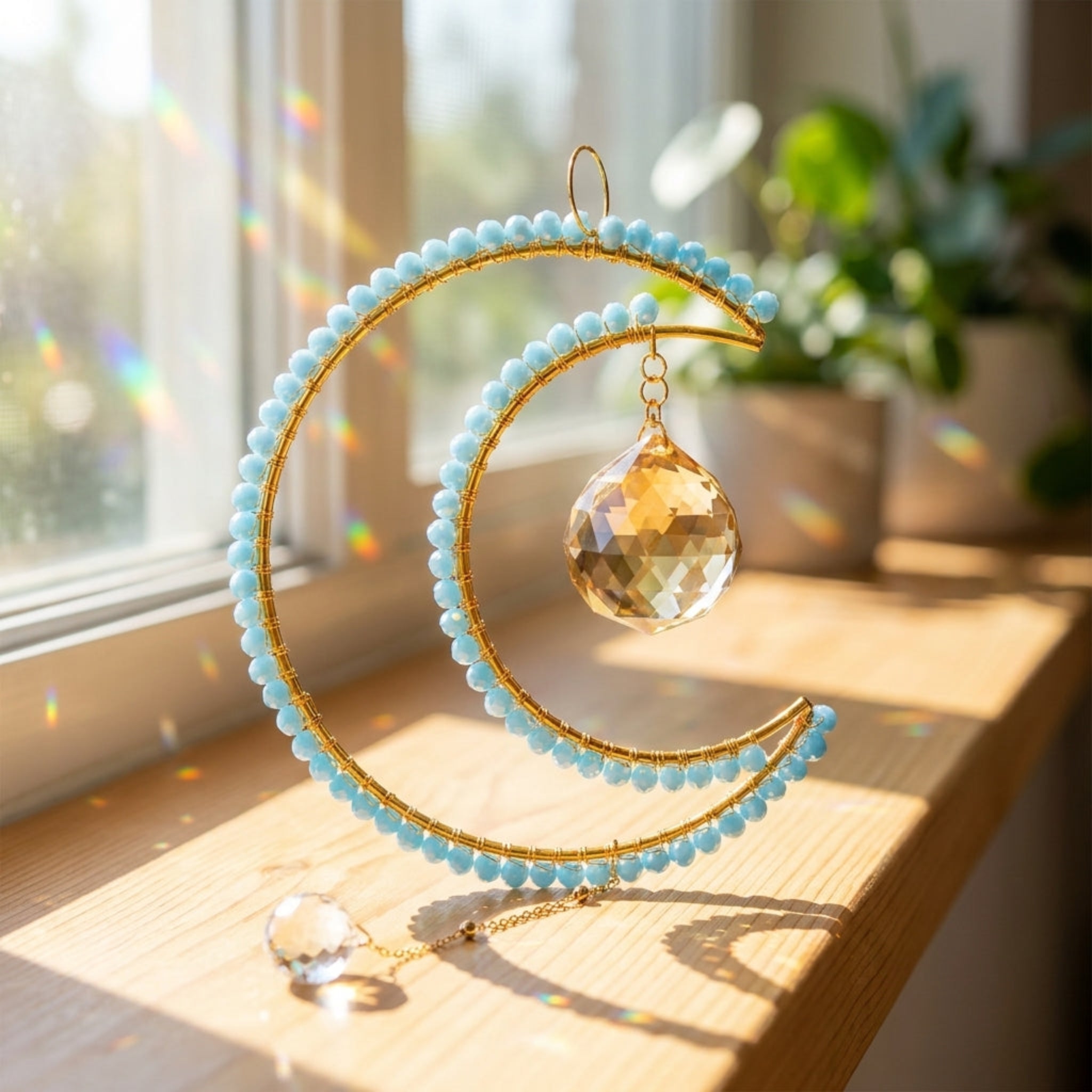 A crescent moon suncatcher ornament with light blue beads and gold wire, featuring a faceted clear crystal teardrop, displayed on a wooden windowsill with warm sunlight and rainbow reflections.