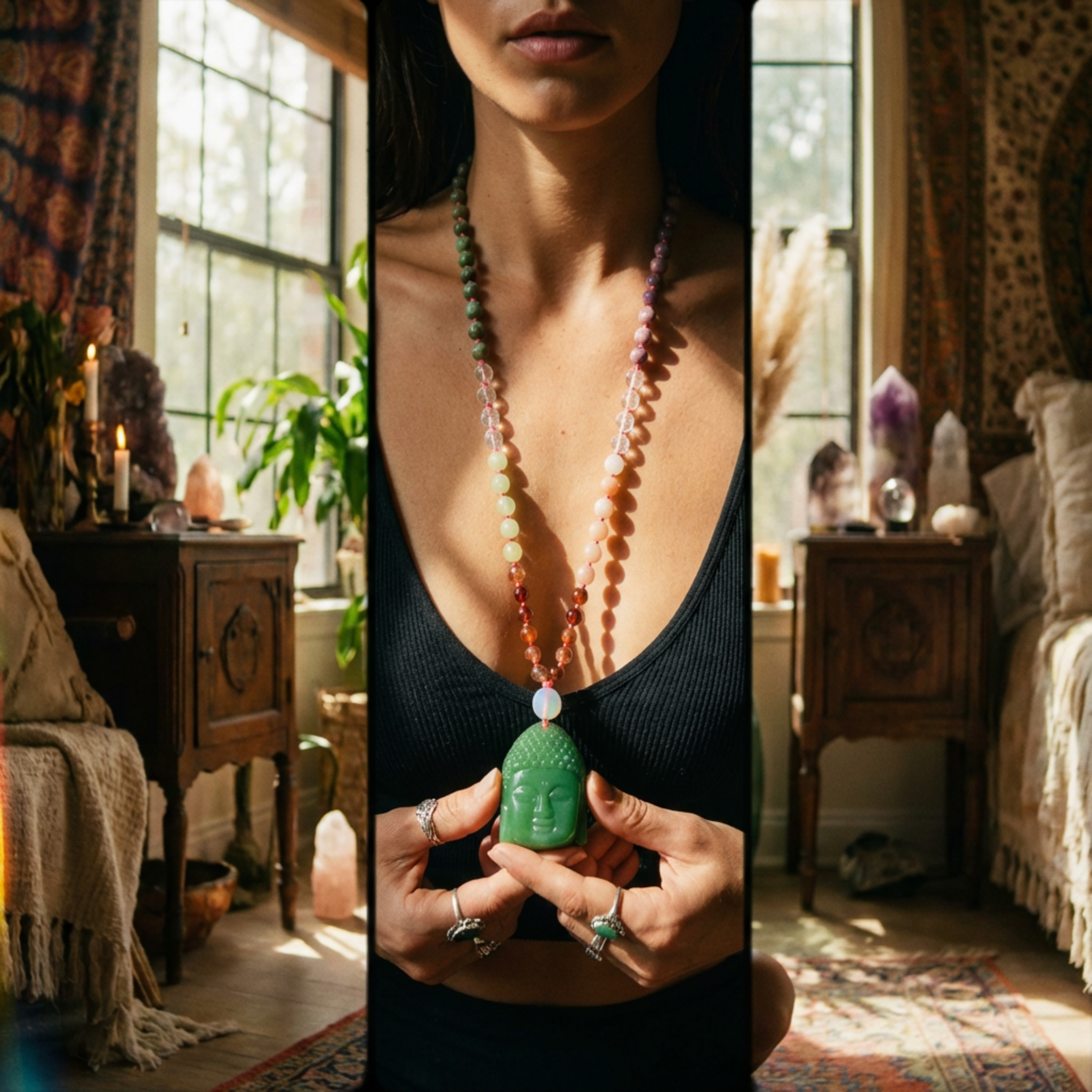 Person holding a green crystal in a room with plants and decor