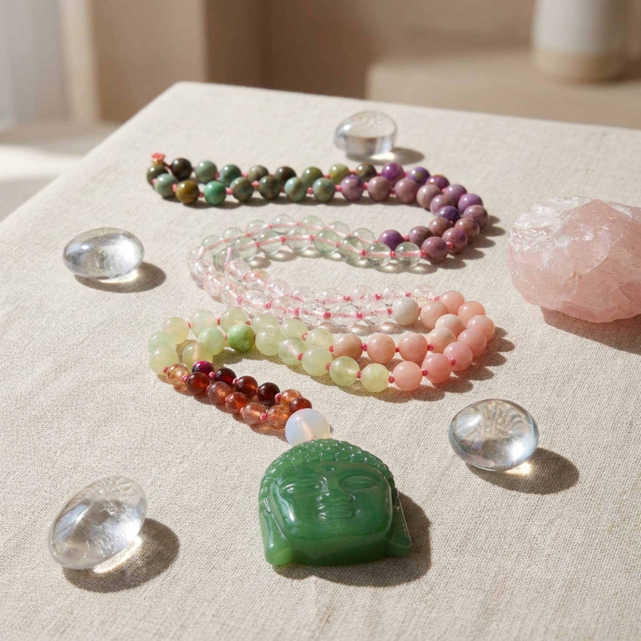 Colorful beaded necklaces and a green jade Buddha figure on a textured surface.