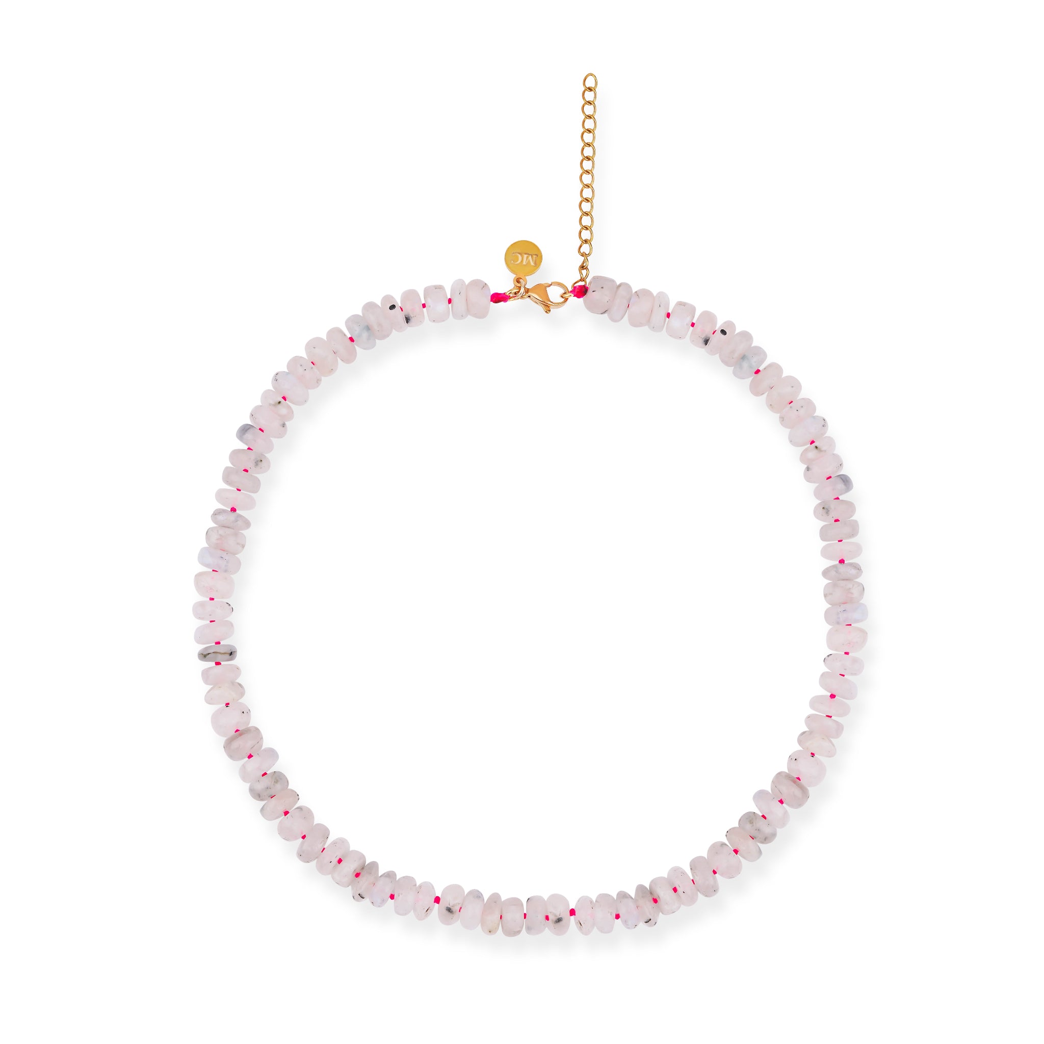 A beaded moonstone necklace with a gold-plated silver closure, displaying a series of round moonstone beads on a chain.