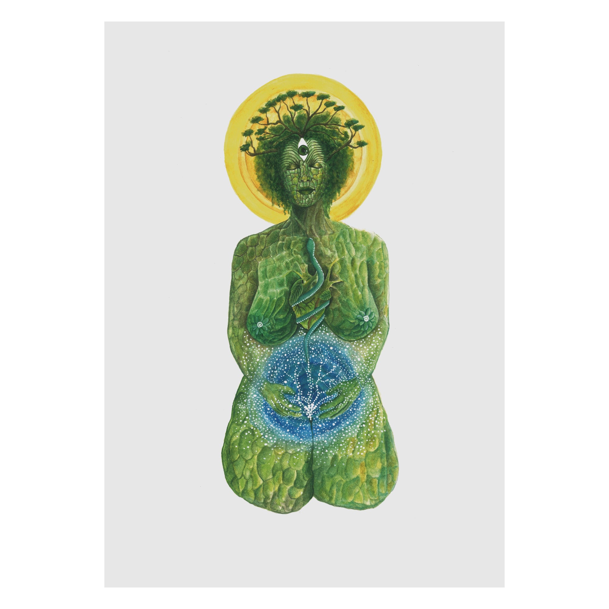 Artistic depiction of a green-skinned figure with a yellow halo on a white background