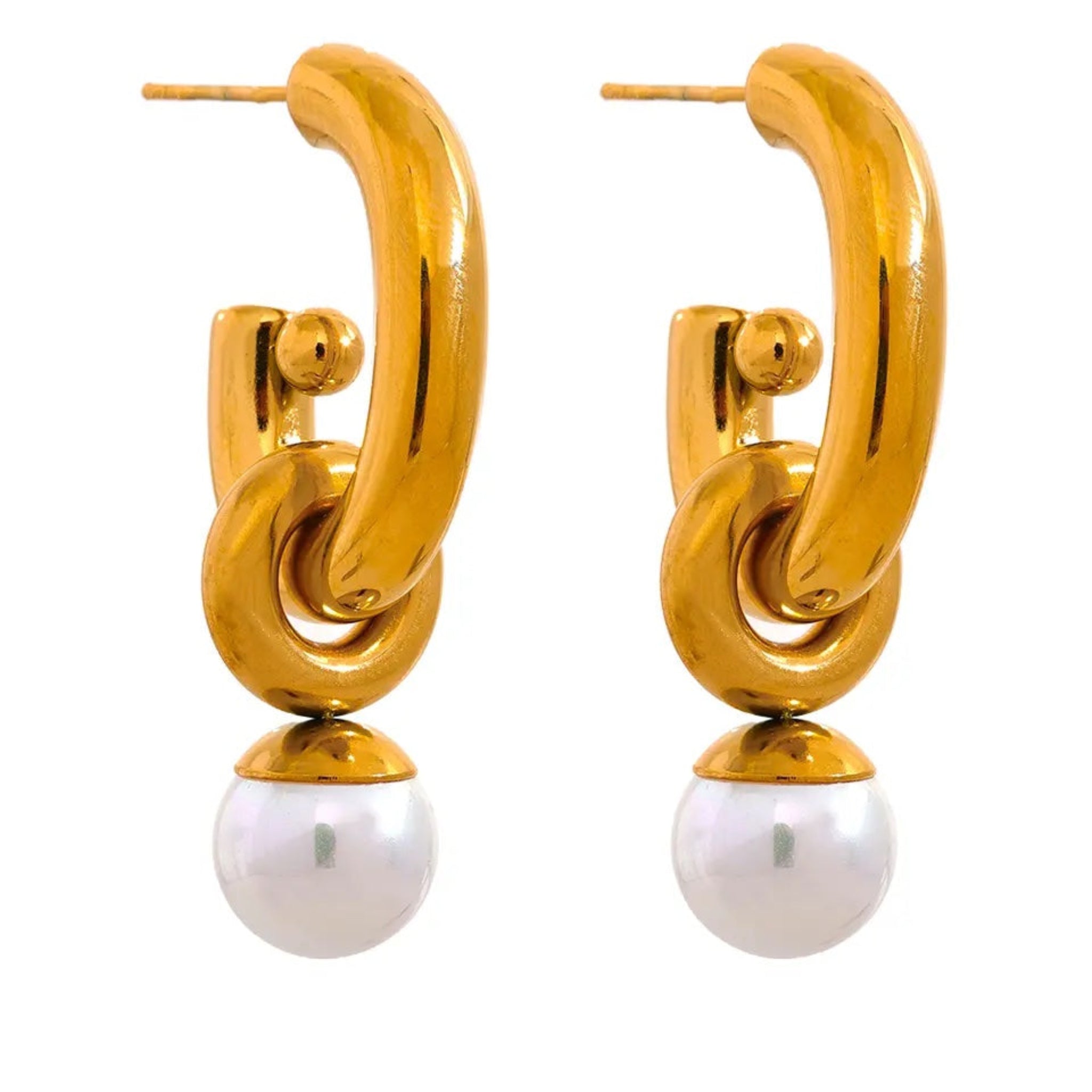 A pair of gold-colored pearl lock drop earrings with a classic design, displayed against a white background.