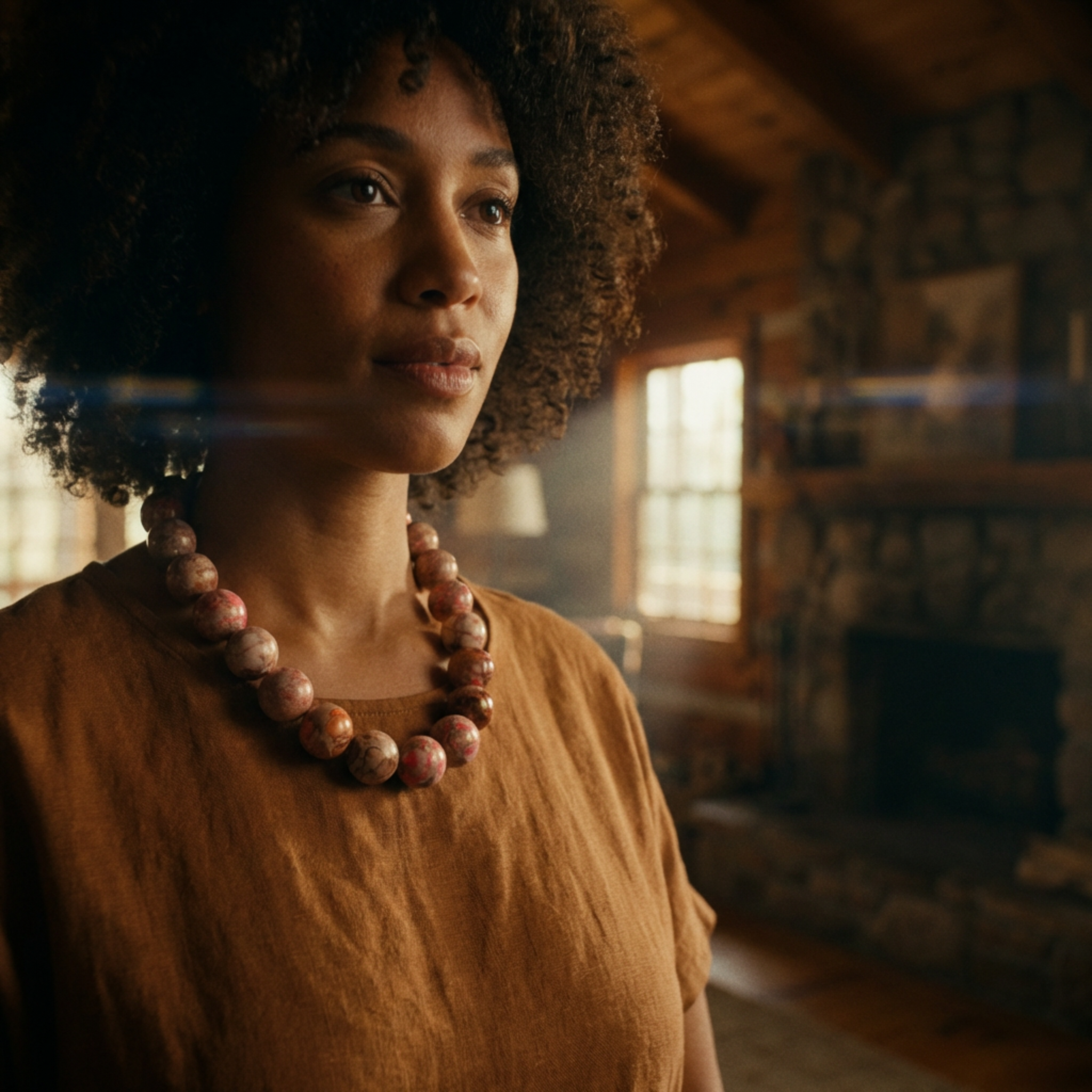 Woman wearing a beaded necklace in a warm-toned indoor setting