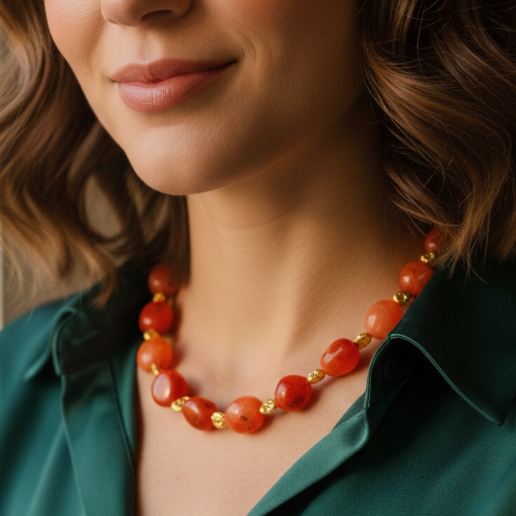 Close-up of a person wearing a red and gold beaded necklace.