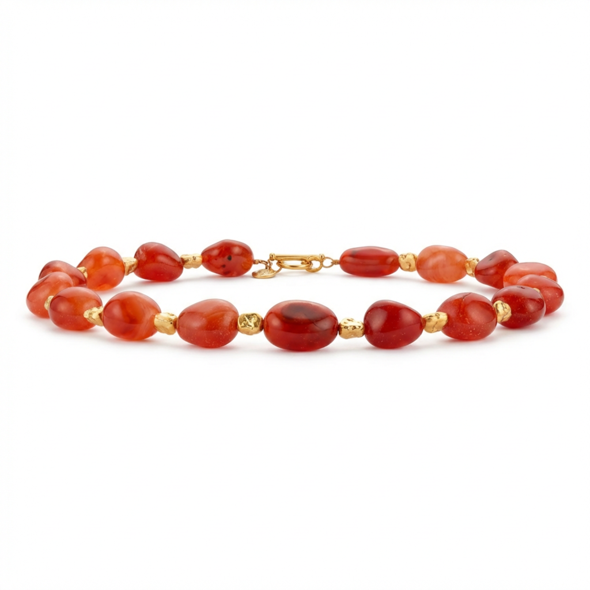 Red beaded necklace with gold clasp on a white background