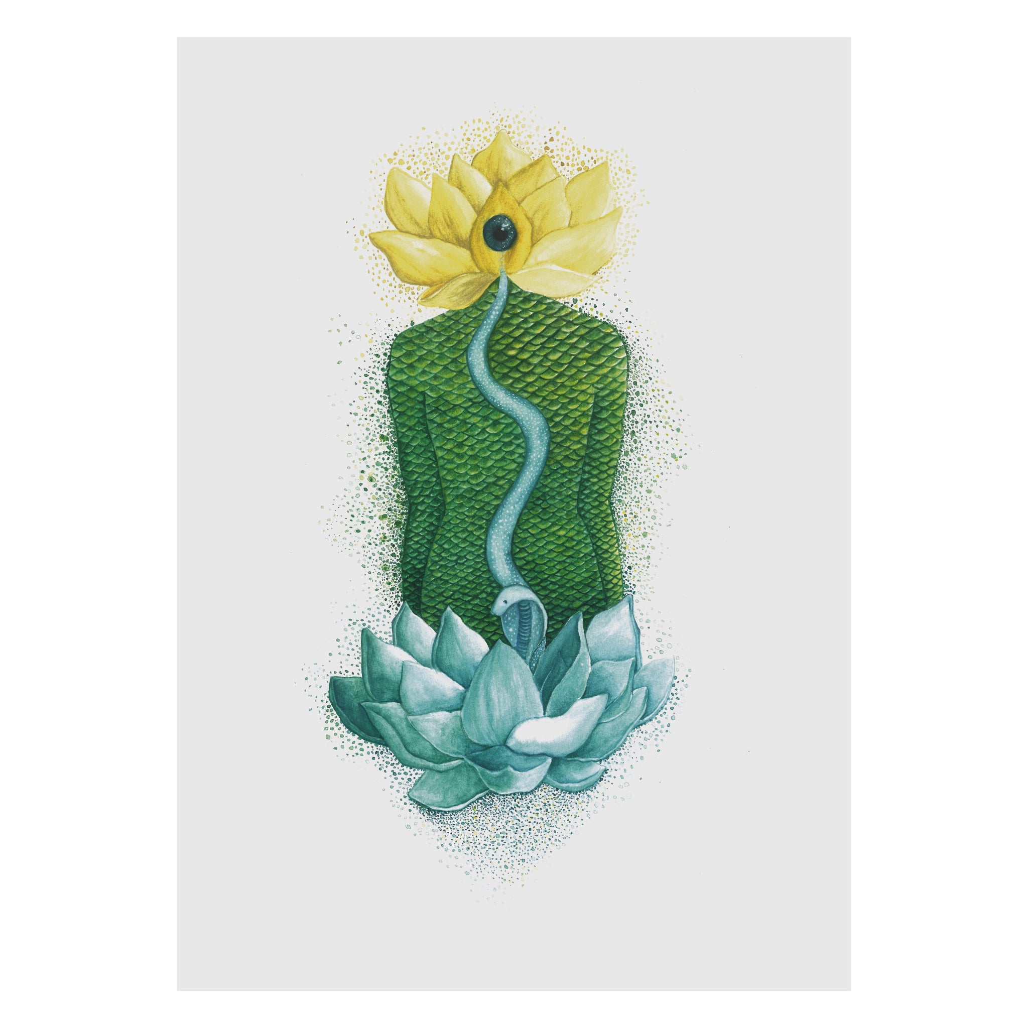 Artistic depiction of a green cactus with a yellow flower and blue succulent on a white background