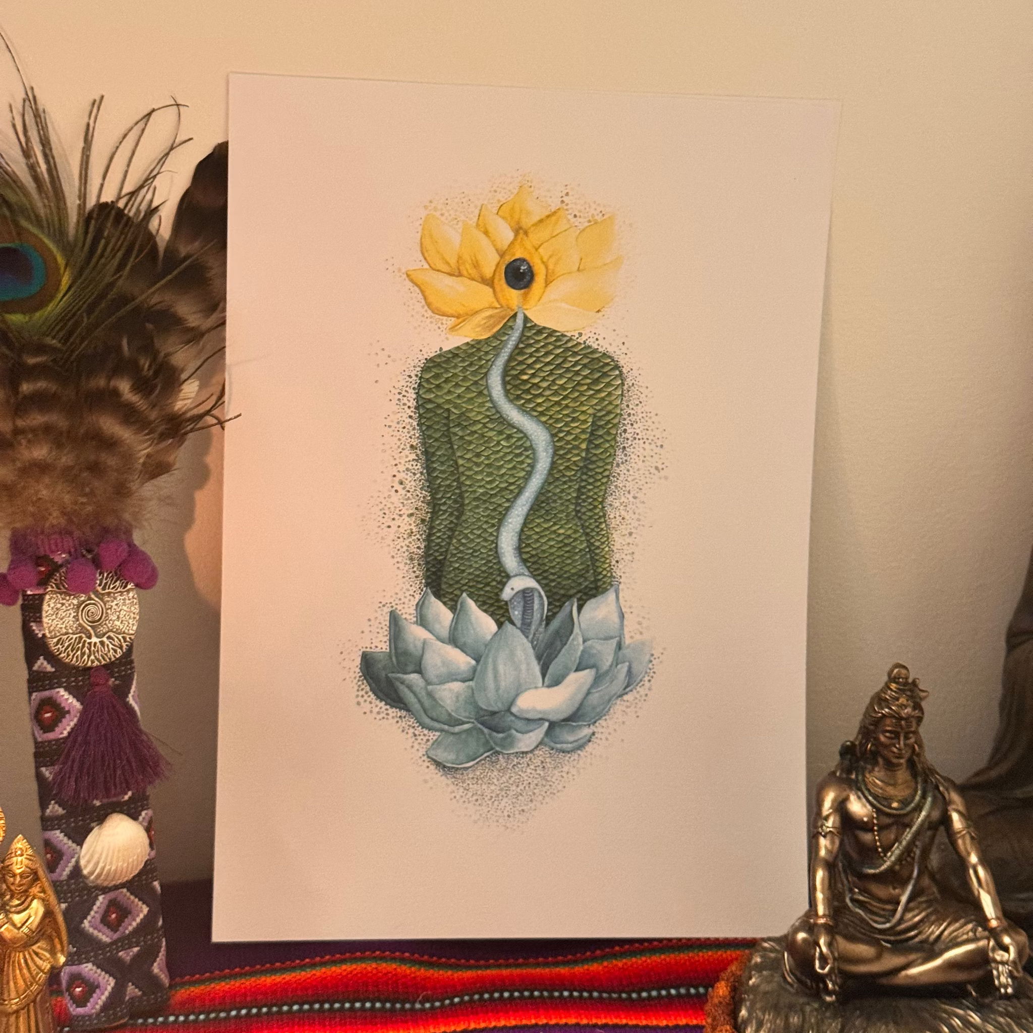 Artistic depiction of a flower and plant on a white background, with decorative elements like peacock feathers and a statue.