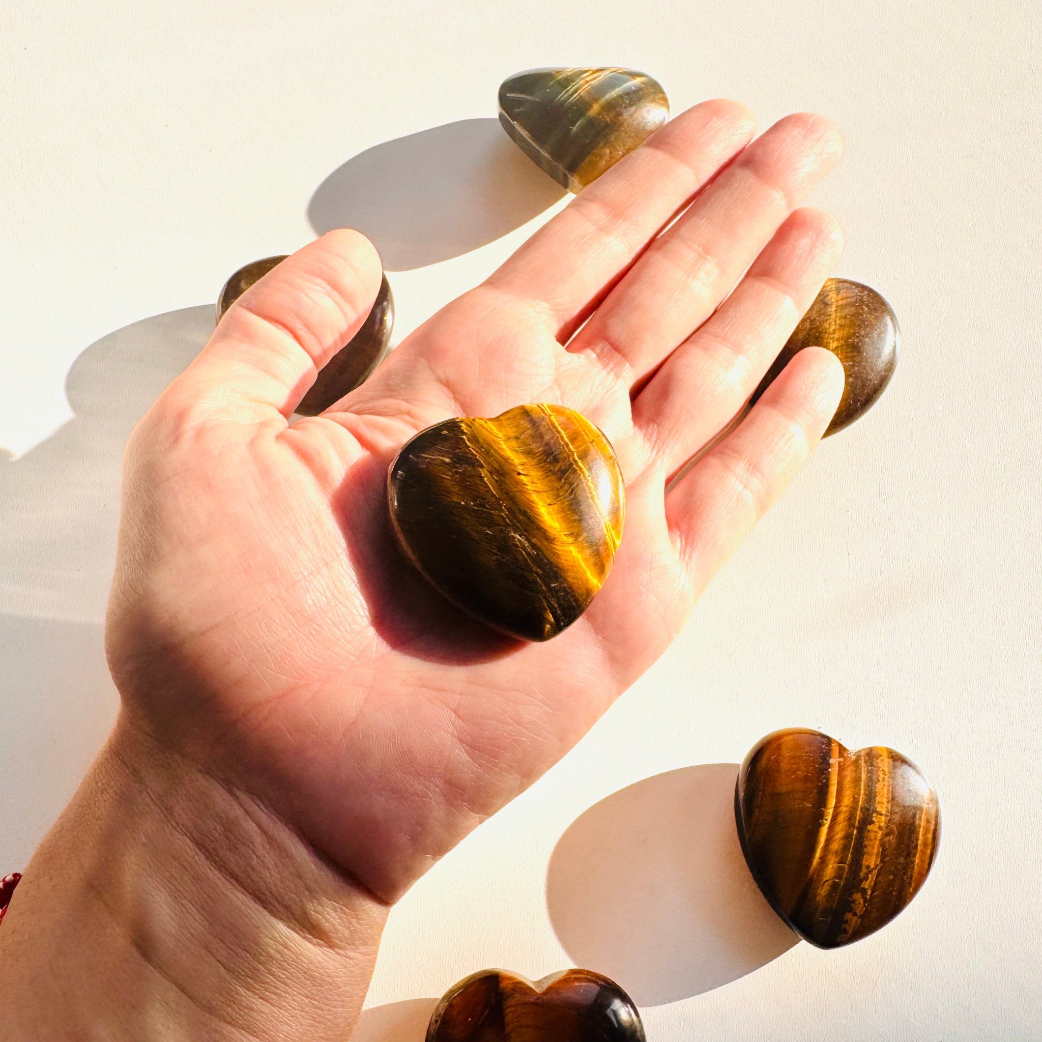 Hand holding a tiger's eye stone with more stones on a light background