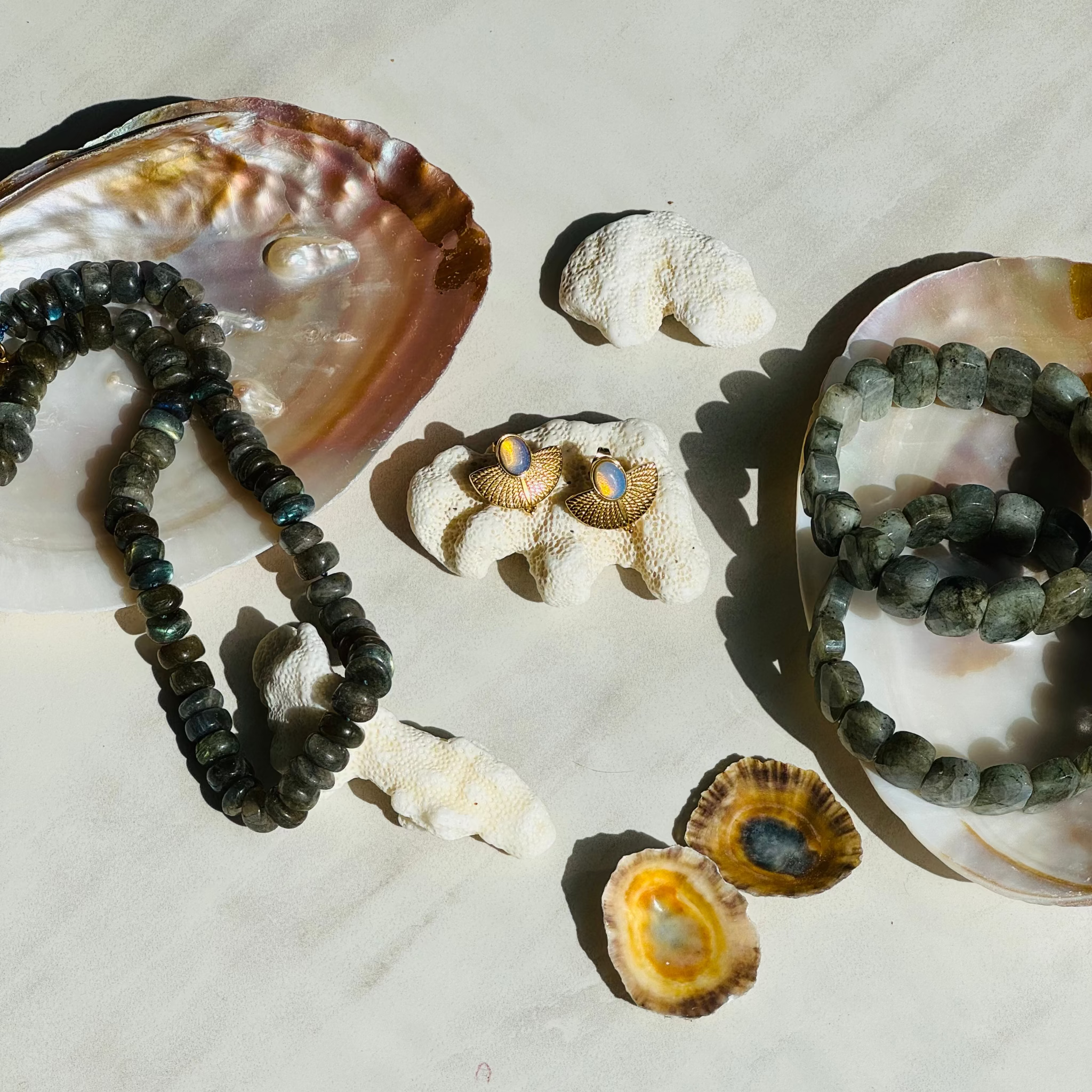 Seashells and bracelets on a textured surface