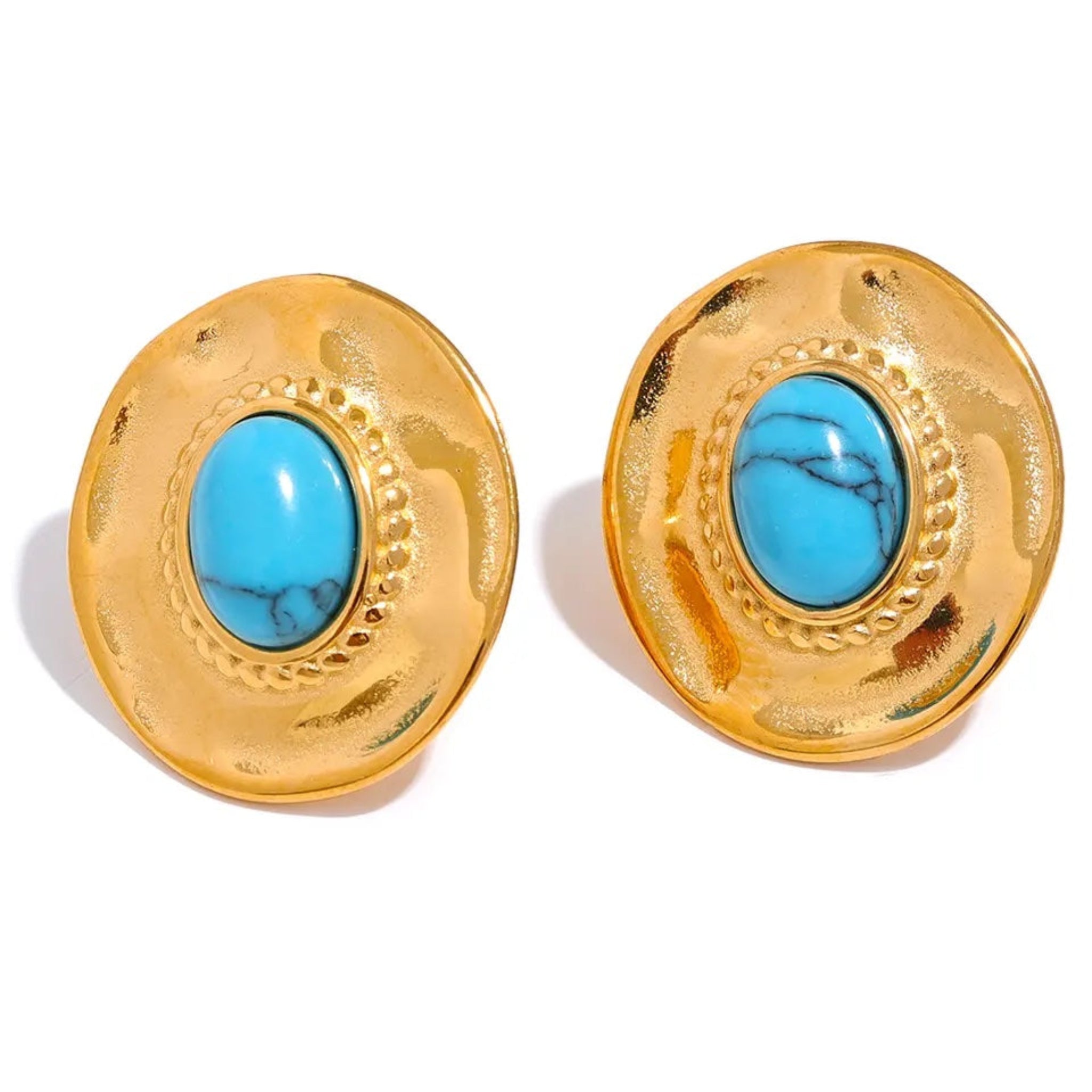 A pair of gold-plated stainless steel stud earrings, featuring a blue turquoise stone.