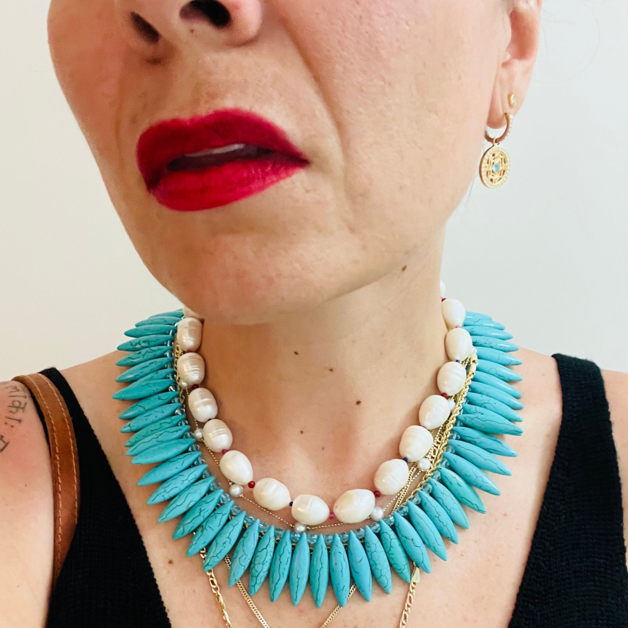 Turquoise Thorn Collar Necklace and Maxi Pearl Statement Necklae