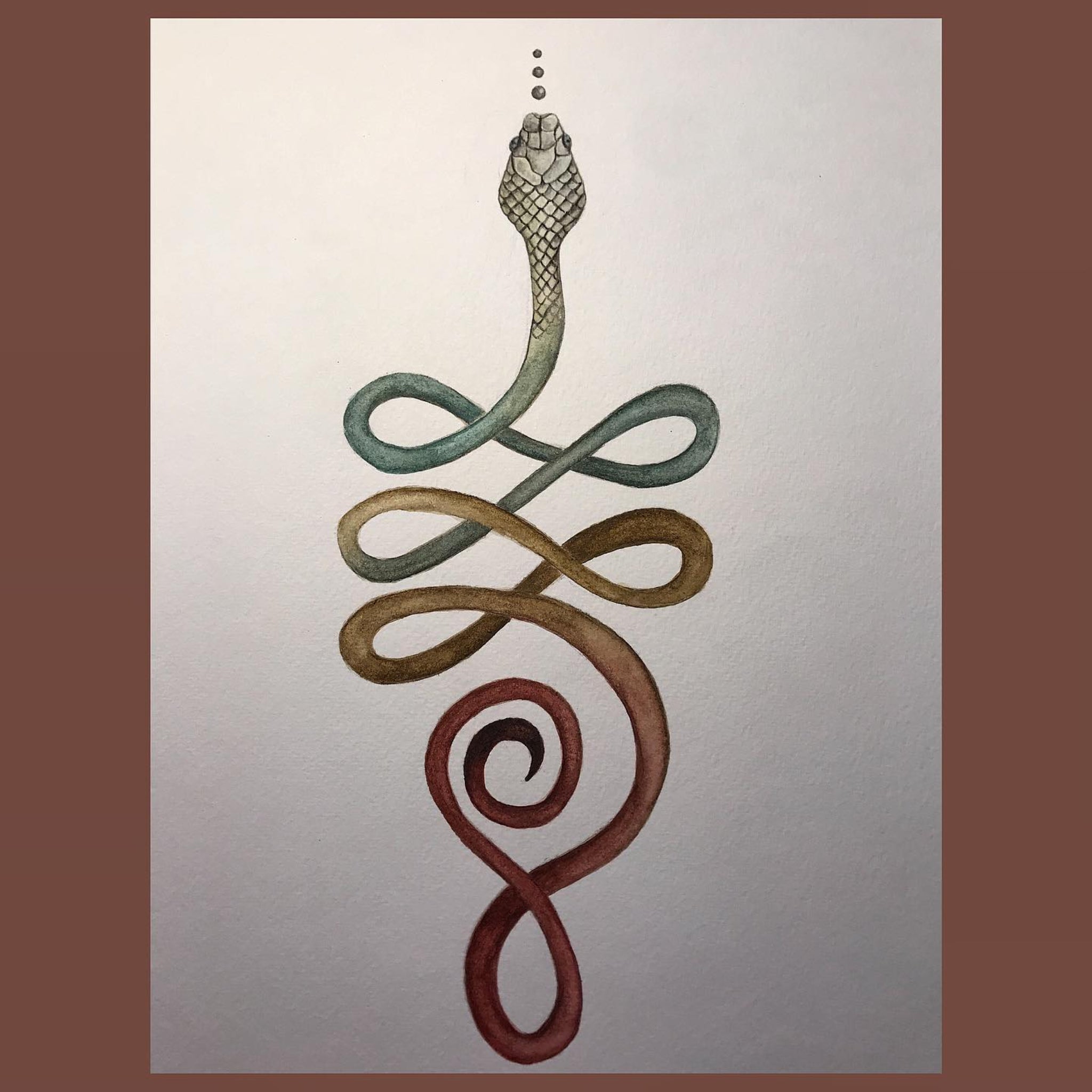 Artistic depiction of a snake forming a knot on a metallic background