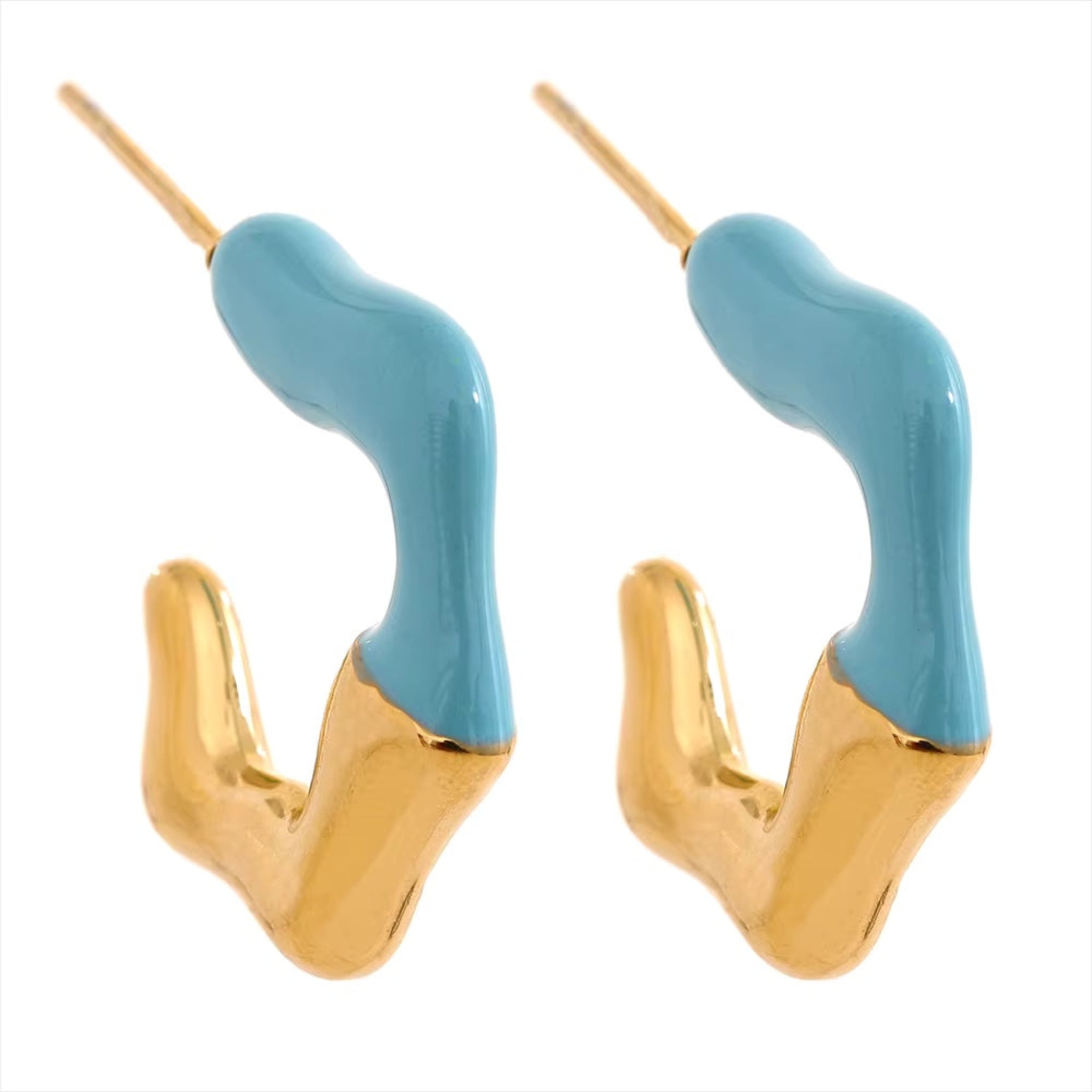 A collection of colorful enamel stud earrings in gold-plated sterling silver, displayed in a radiating pattern on a light background.