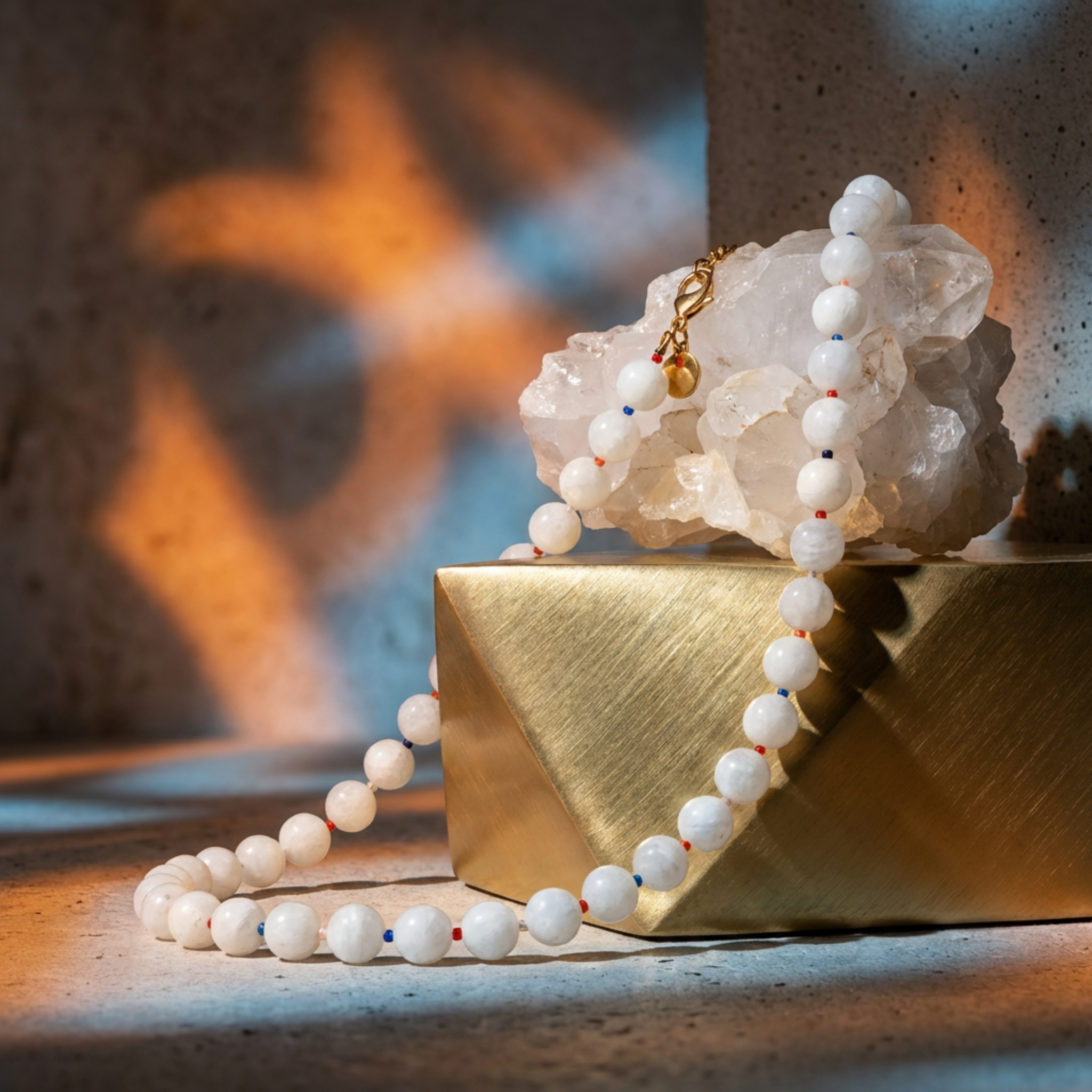 Necklace with white beads on a gold base and crystal rock, with a blurred abstract background