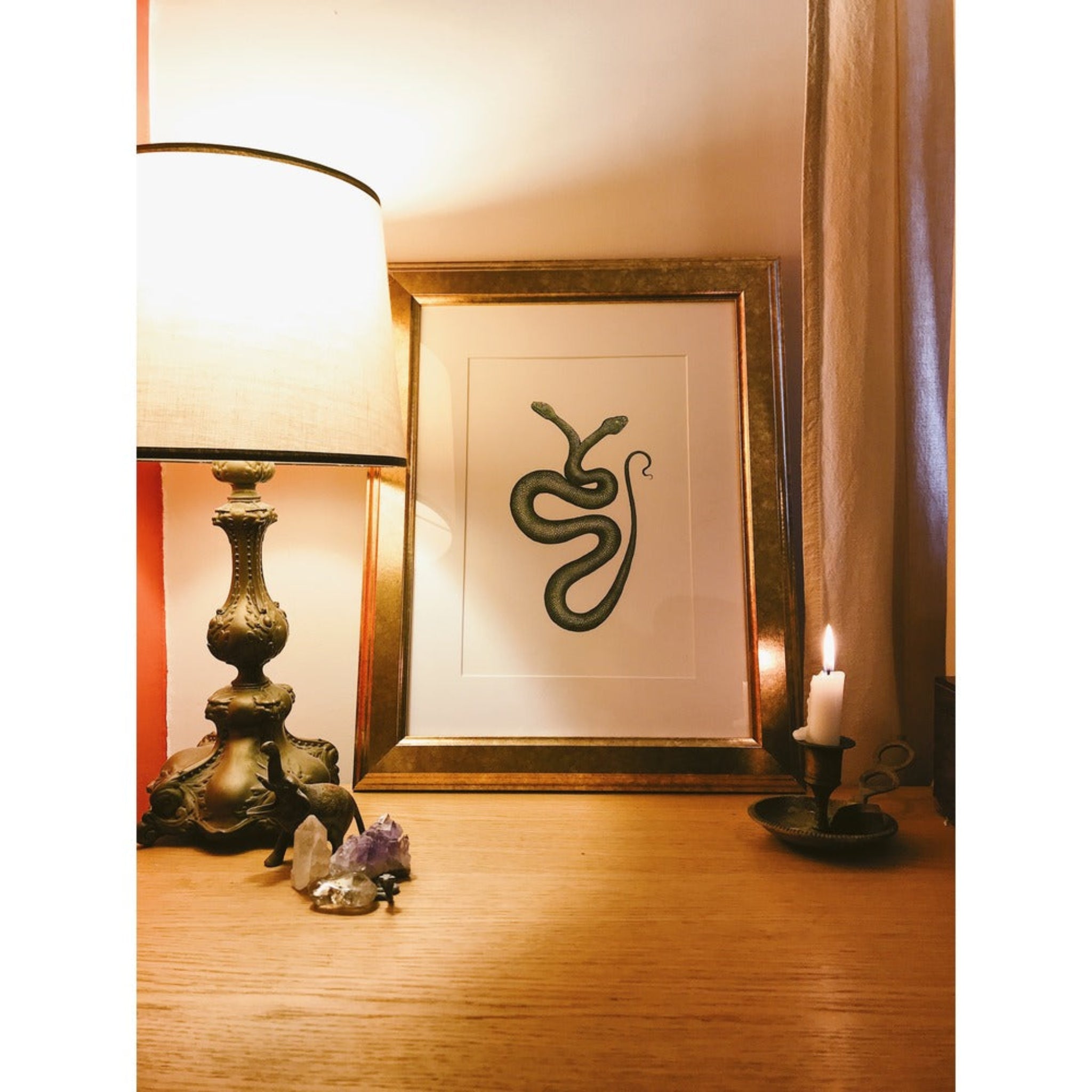 Decorative setup with a lamp, framed artwork of a snake, and a candle on a wooden surface.