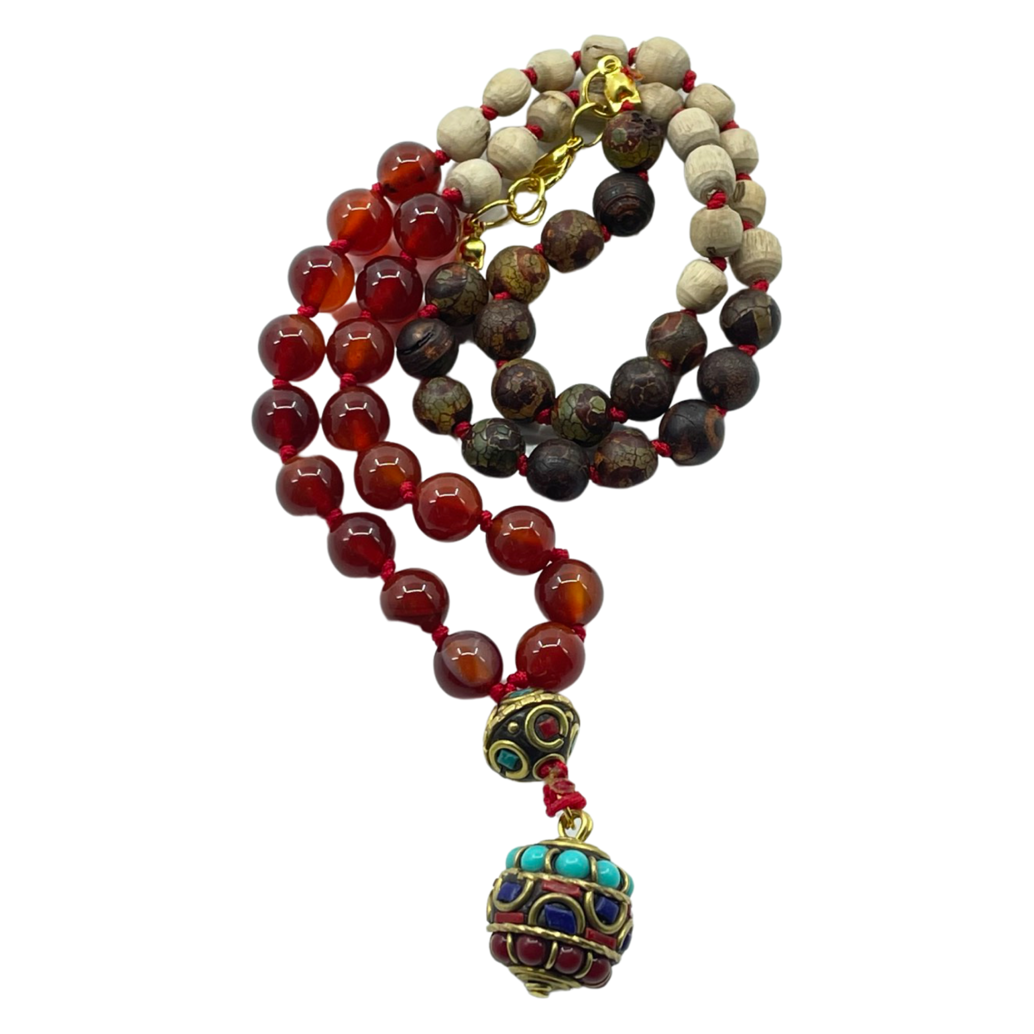 Multicolored beaded necklace with a decorative pendant on a white background