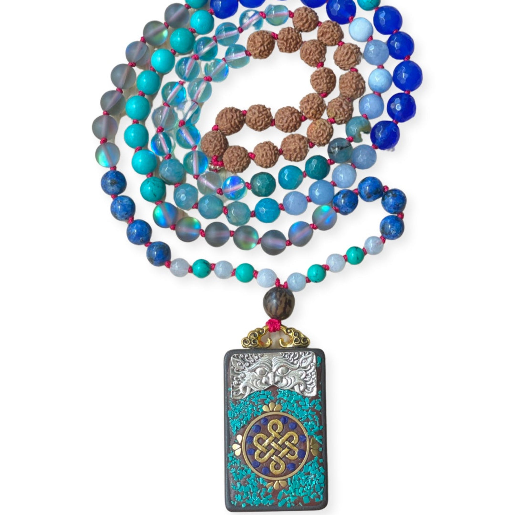 Beaded blue gemstones with Karma pendant