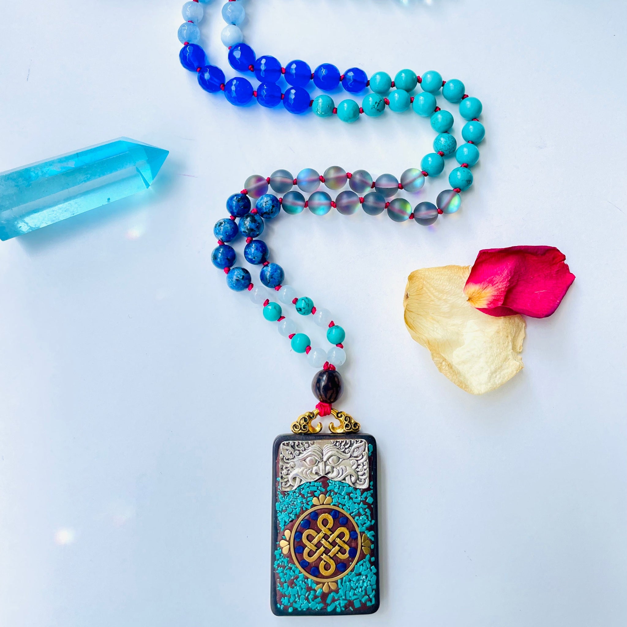 Karma Mala with flower petals and blue crystal
