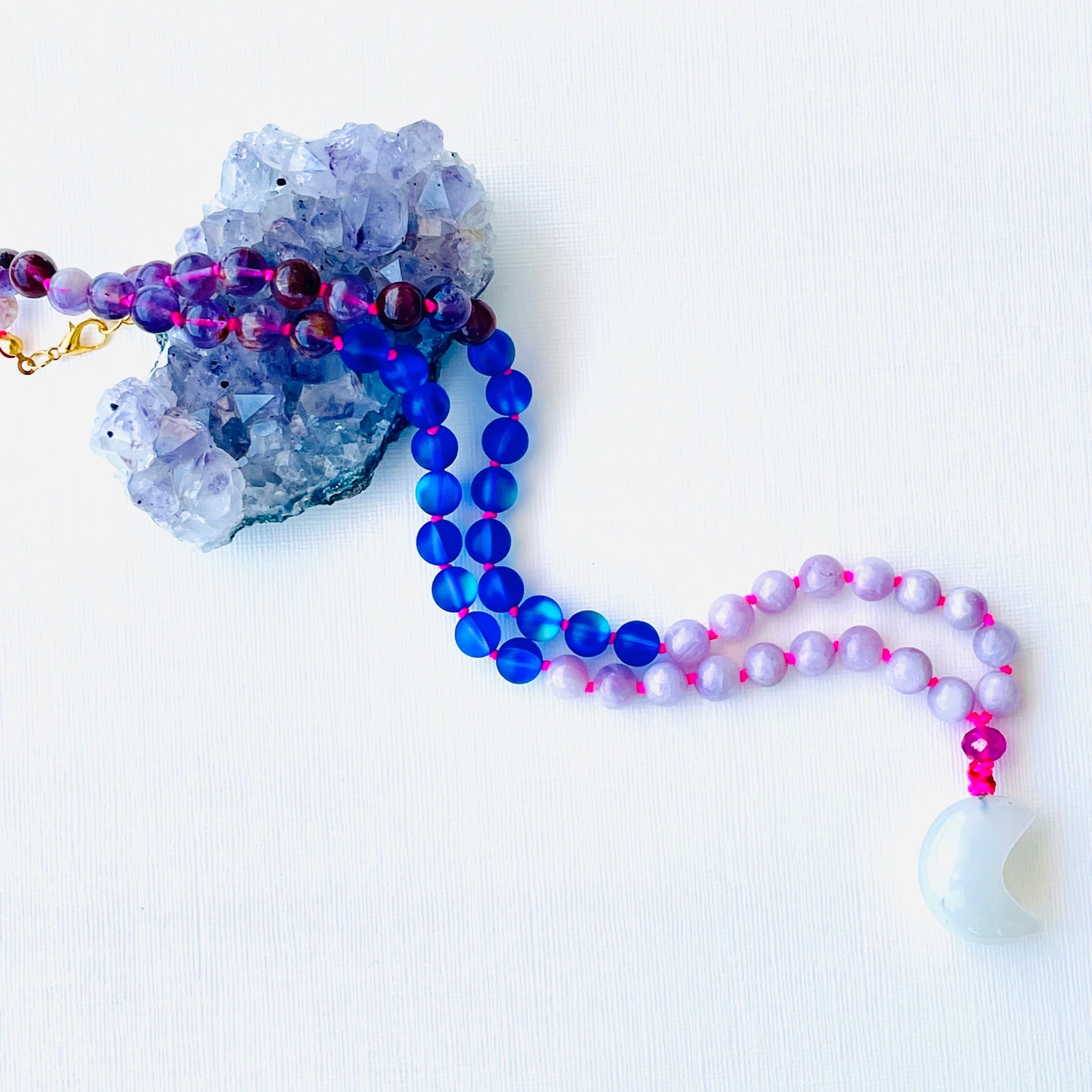 Moon half mala necklace with amethyst