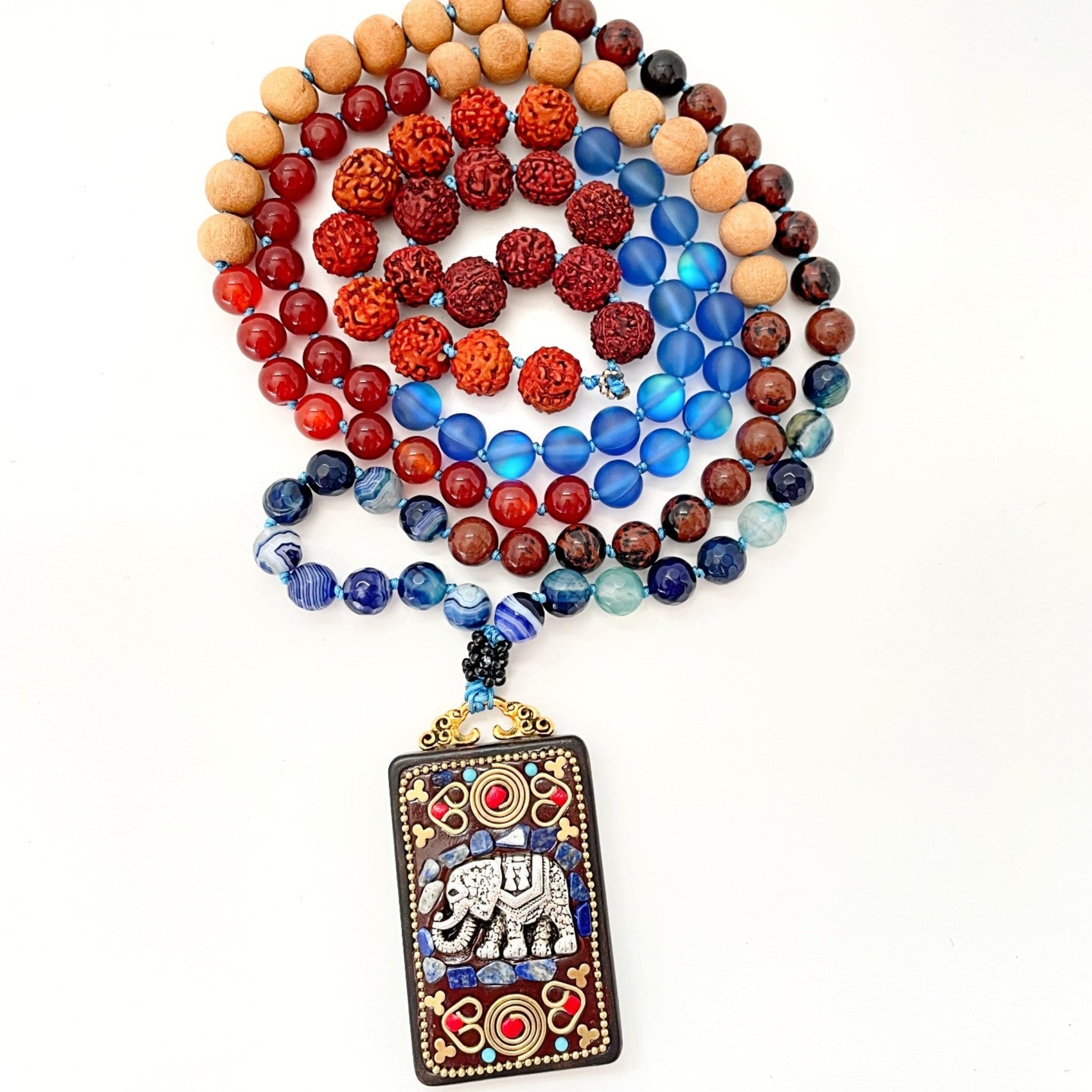 beaded gemstone mala with elephant pendant