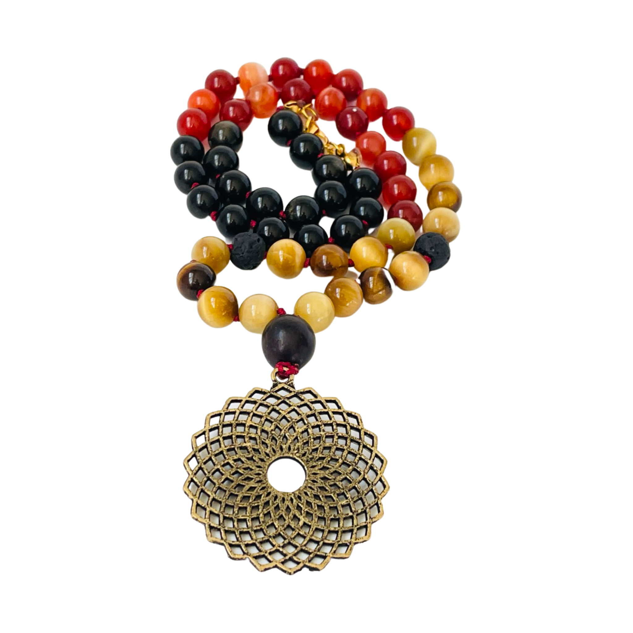 Necklace with multicolored beads and a gold pendant on a white background
