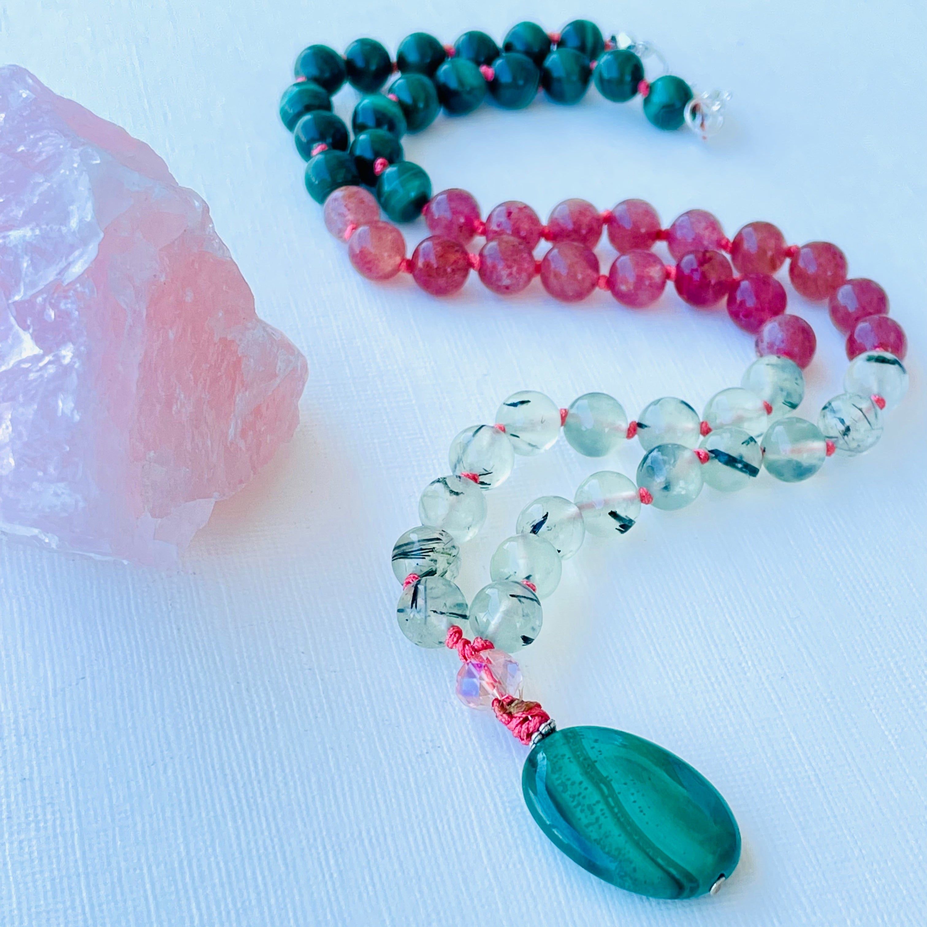 Beaded malachite and rose quartz necklace