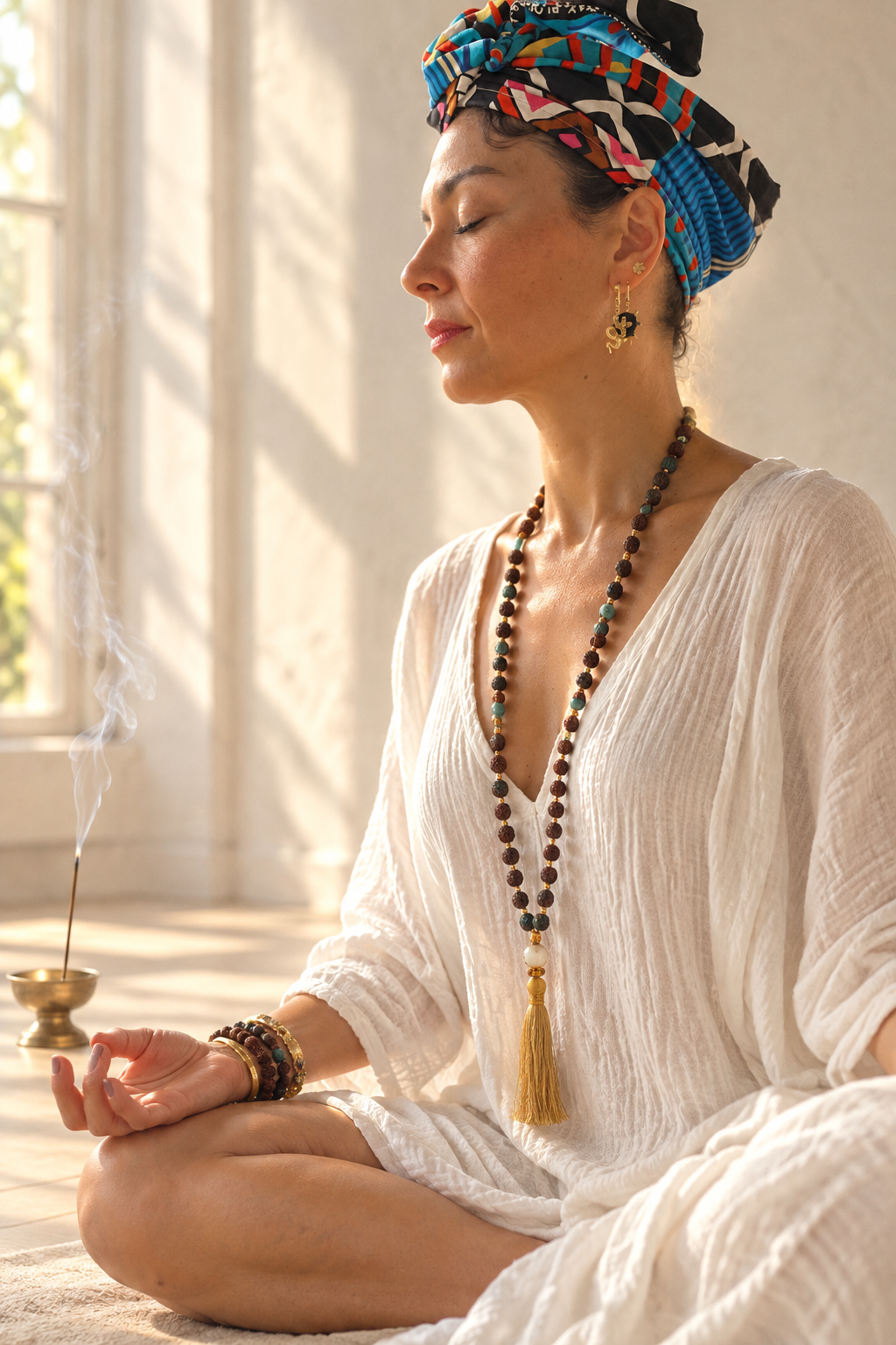 meditating woman with a mala
