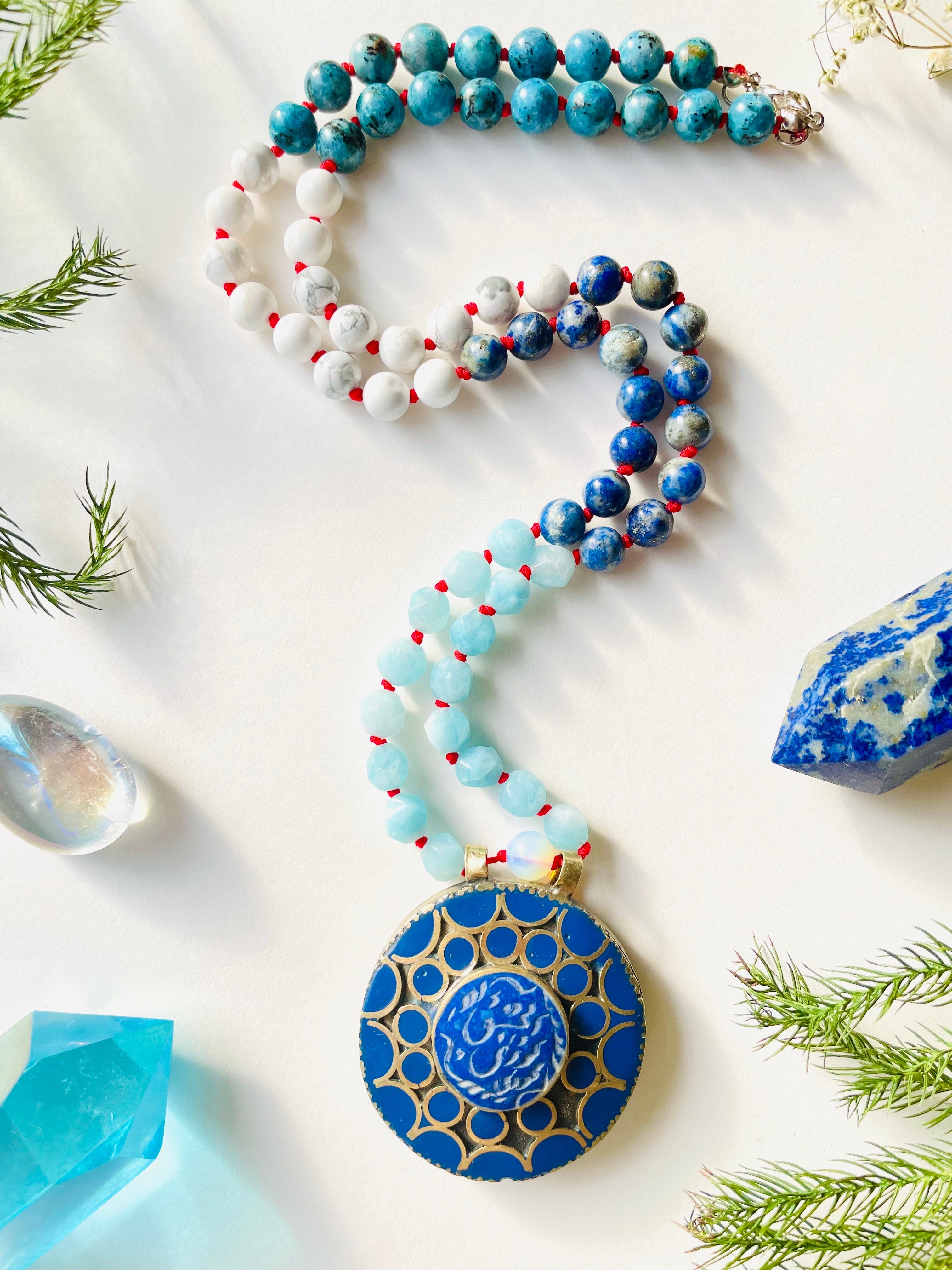 Gemstone Necklace with Blue Brass Pendant